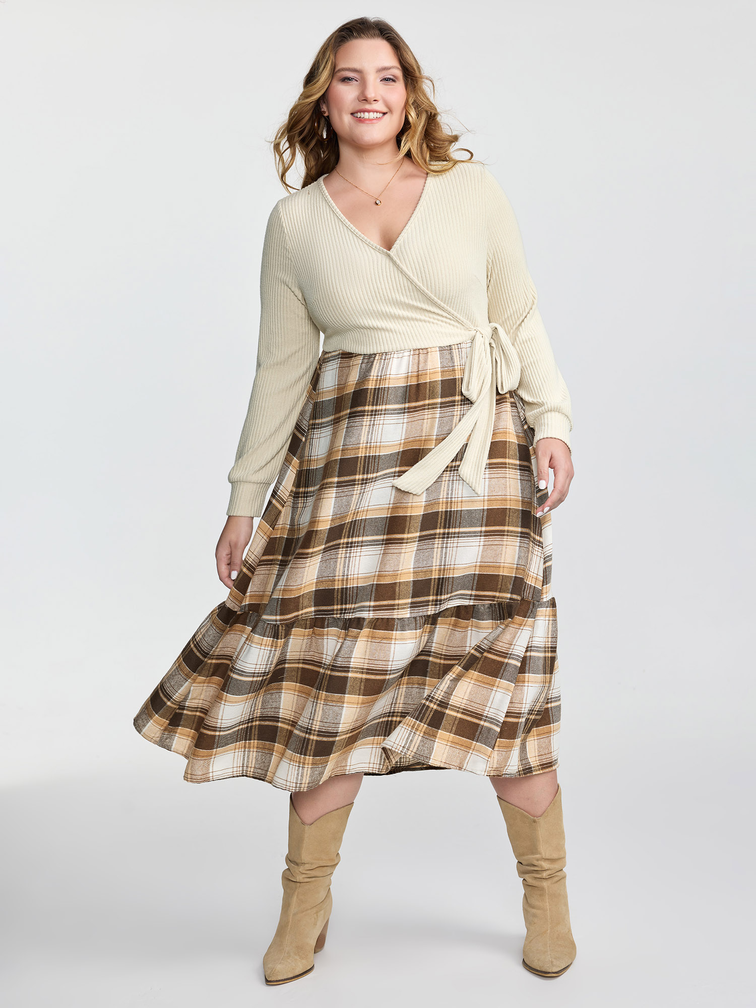 BloomChic Plus Size Plaid Contrast Wrap Neckline Midi Dress - Curve Ladies Champagne Americana Daily Long Sleeve Plaid Side Pocket Daily Dresses 14/M
