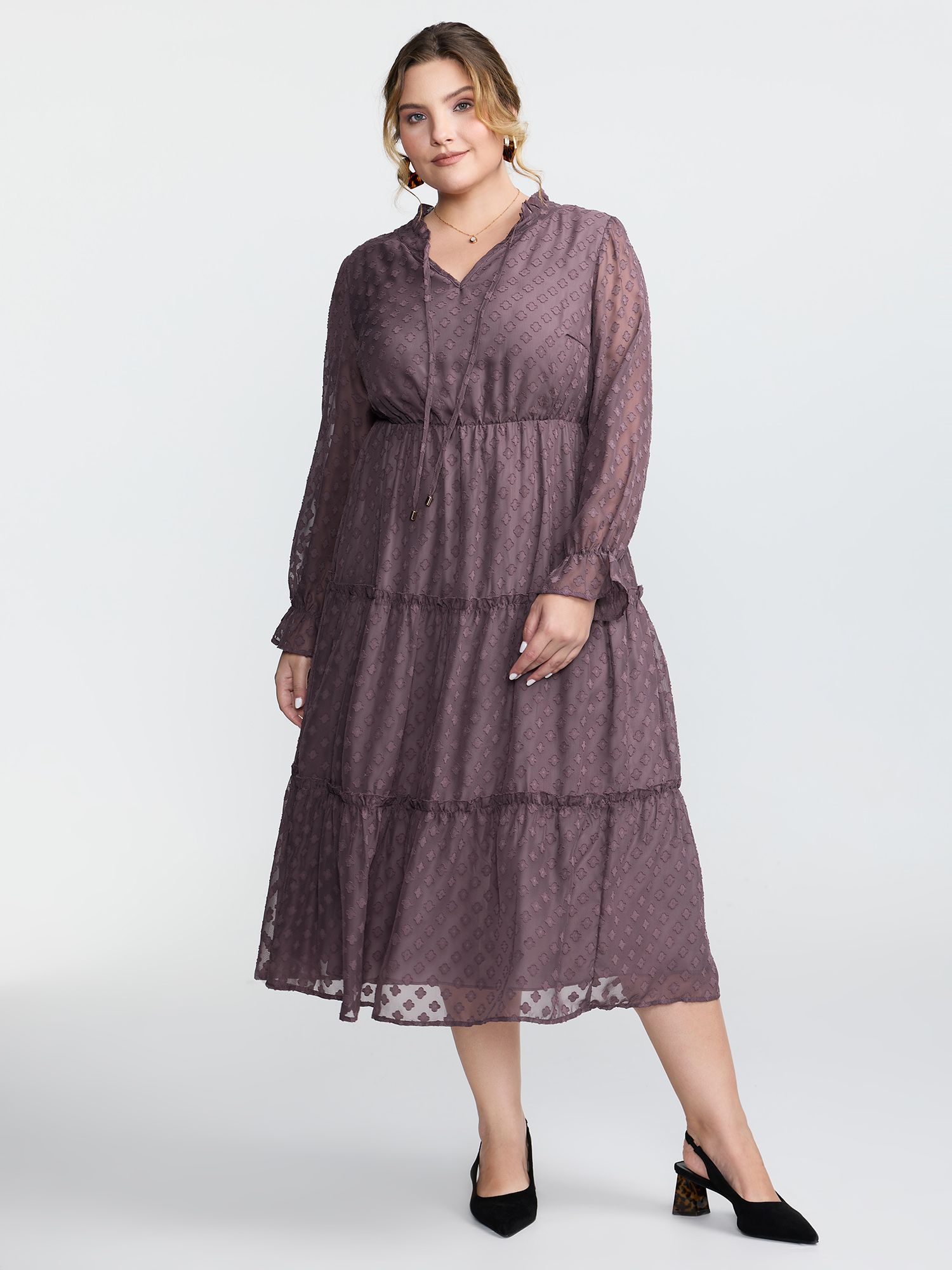 BloomChic Women's Plus Size Chiffon Textured Tiered Ruffled Midi Dress Mauve Midi Everyday-Elegant 10/M