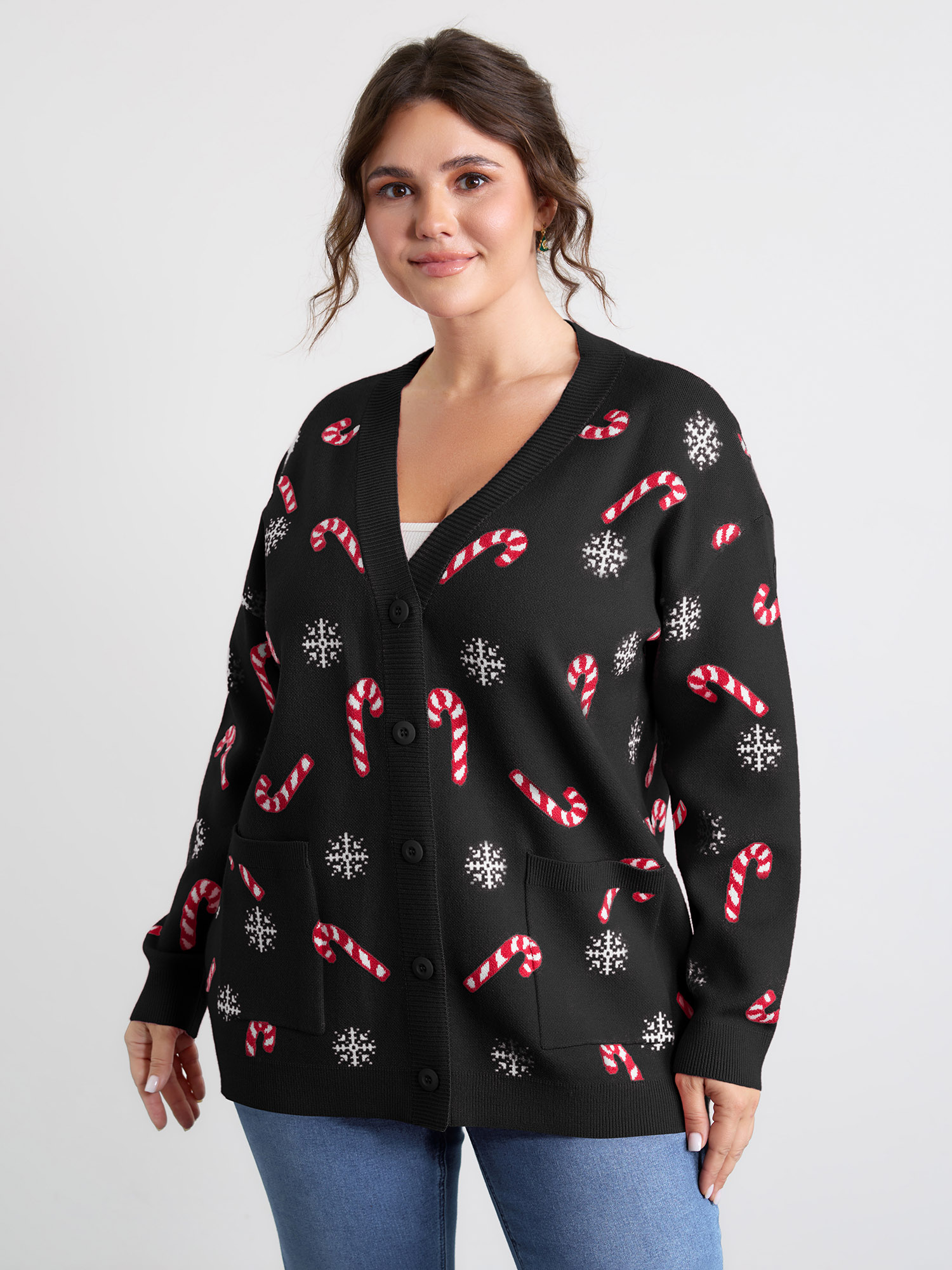 BloomChic Women's Plus Size Holiday Candy Patch Pockets Knit Cardigan Black Long Sleeve V-Neck 10/M