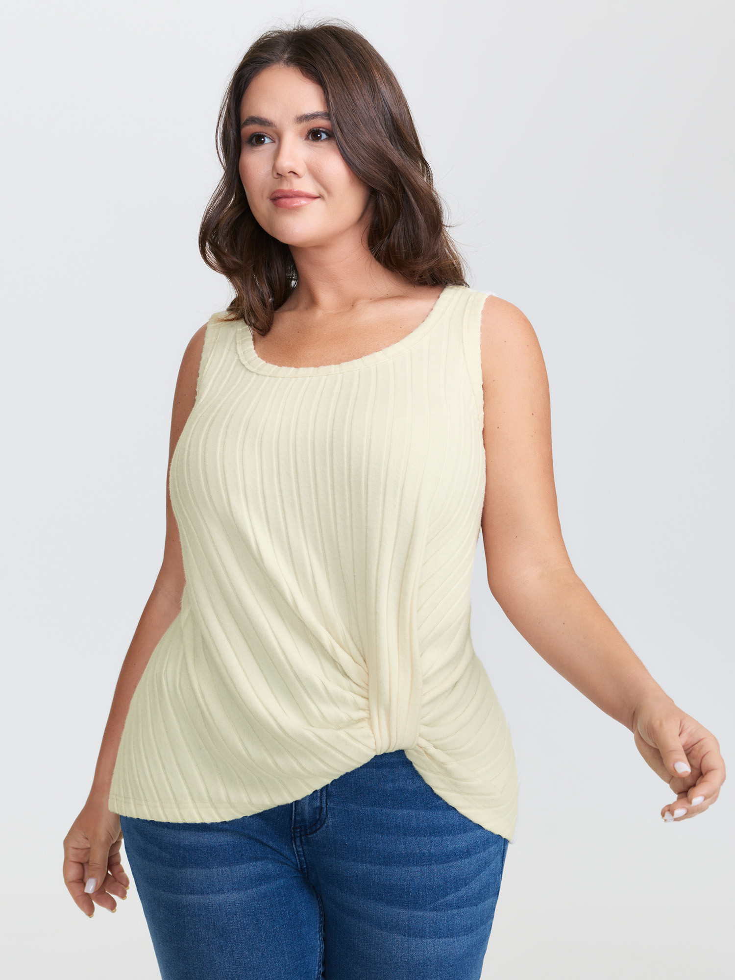 BloomChic Women's Plus Size Velvety Ribbed Knotted Tank Top Ivory Everyday-Casual O-line 30/6X