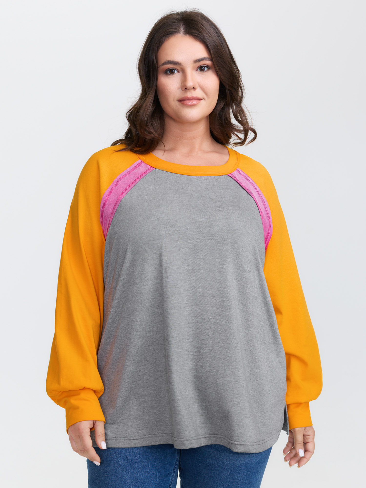 BloomChic Women's Plus Size Color Contrast Raglan Sleeve T-Shirt Multicolor Geometric Everyday-Casual Long Sleeve 10/M