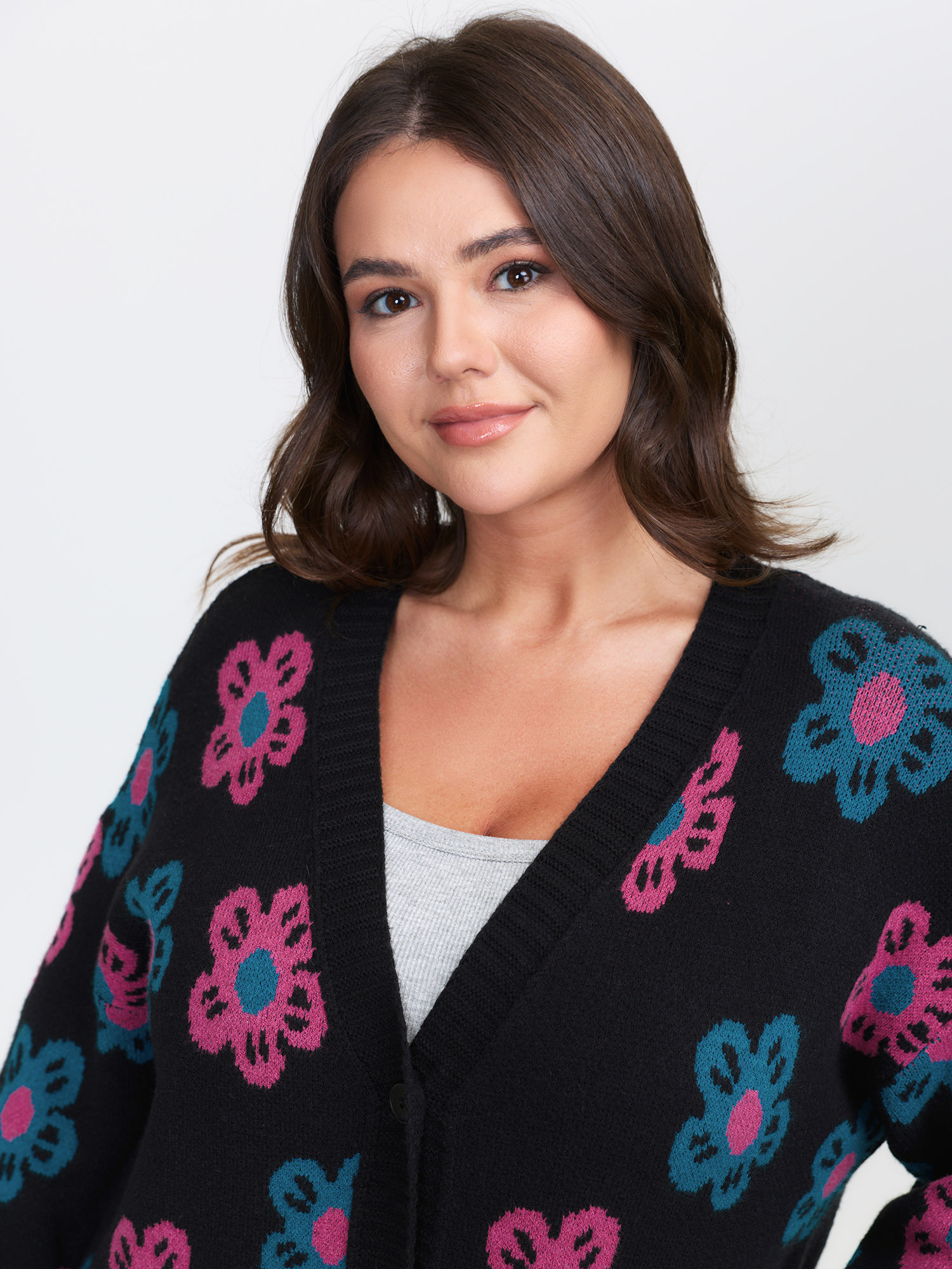 BloomChic Women's Plus Size Supersoft Colorful Floral Drop Shoulder Knit Cardigan Black Long Sleeve 10/M
