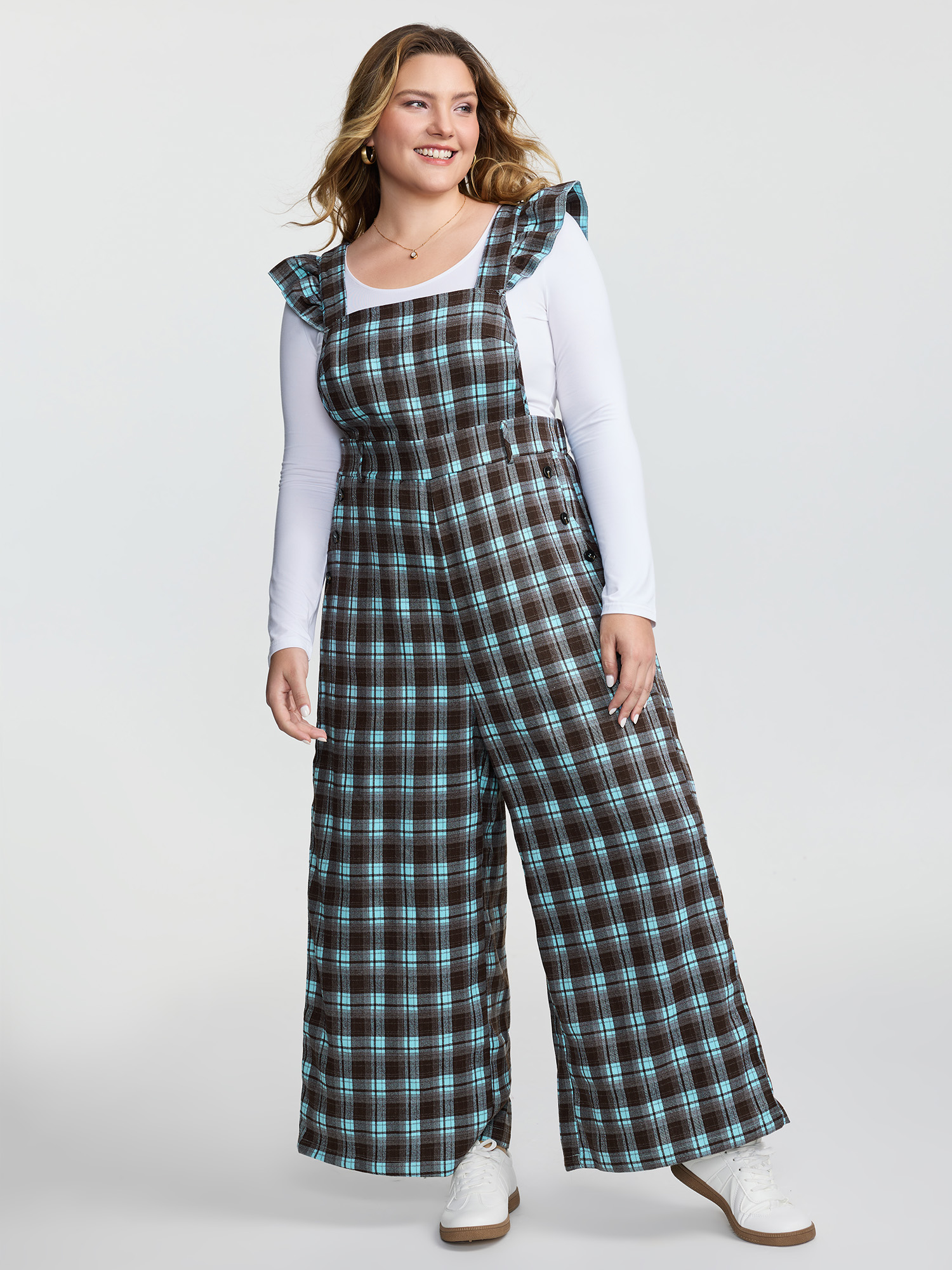 BloomChic Women's Plus Size Plaid Ruffled Sleeve Backless Tie Jumpsuit Multicolor Everyday-Casual Relaxed Fit 10/M