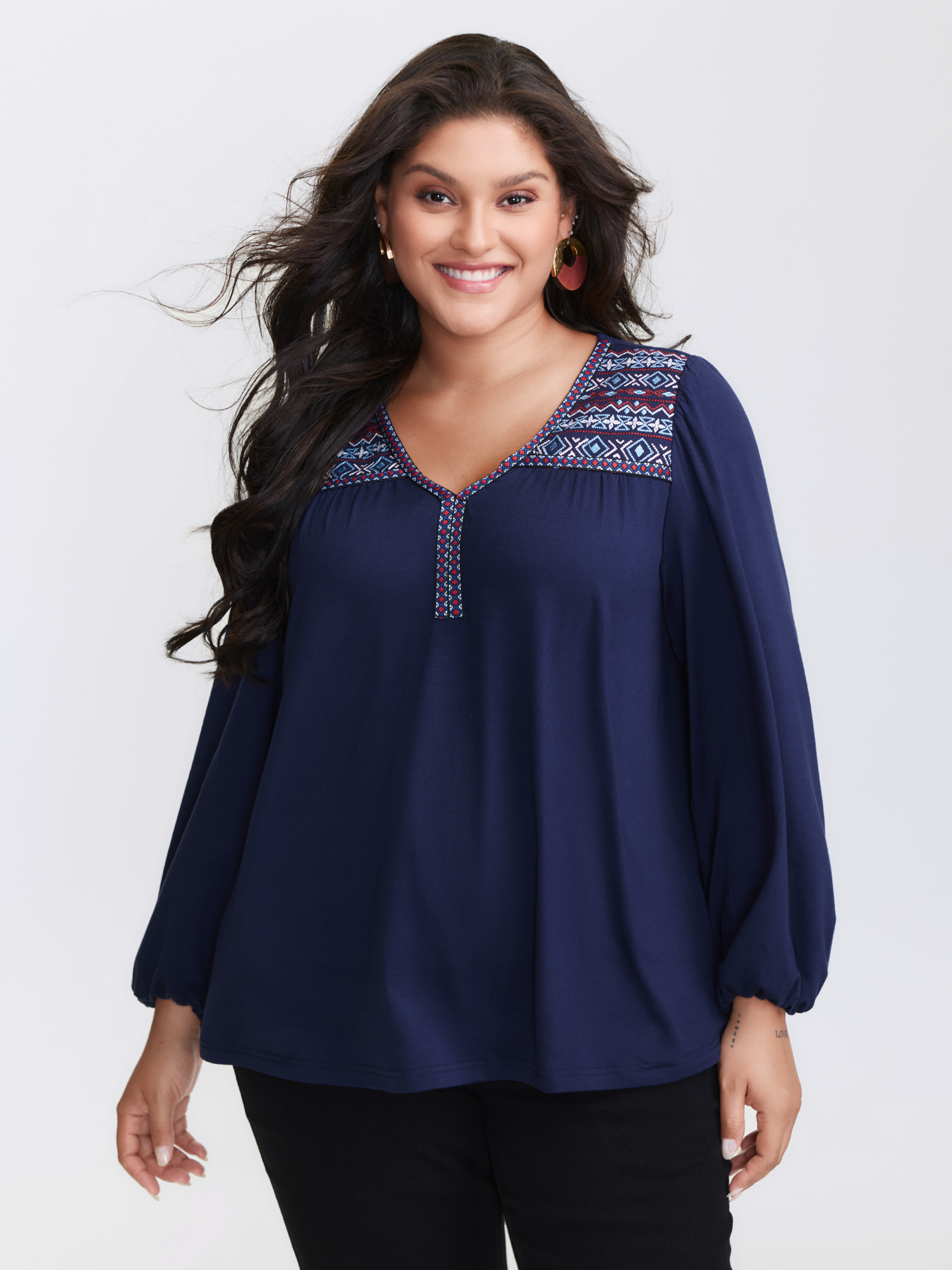 BloomChic Women's Plus Size Boho Embroidery Stretchy Knit Top DarkBlue Long Sleeve Vacation 12/L