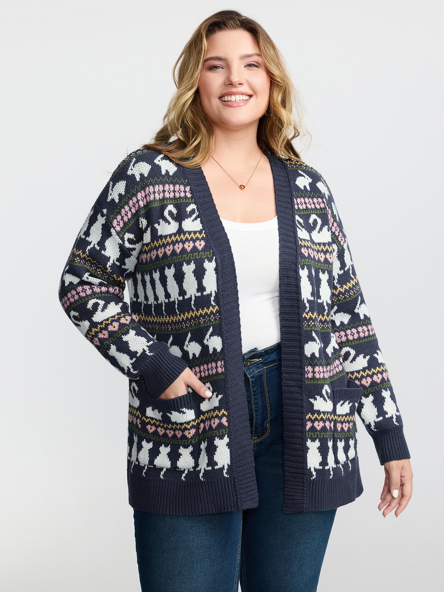 BloomChic Women's Plus Size Animal Jacquard Pattern Pockets Knit Cardigan Indigo Long Sleeve 10/M