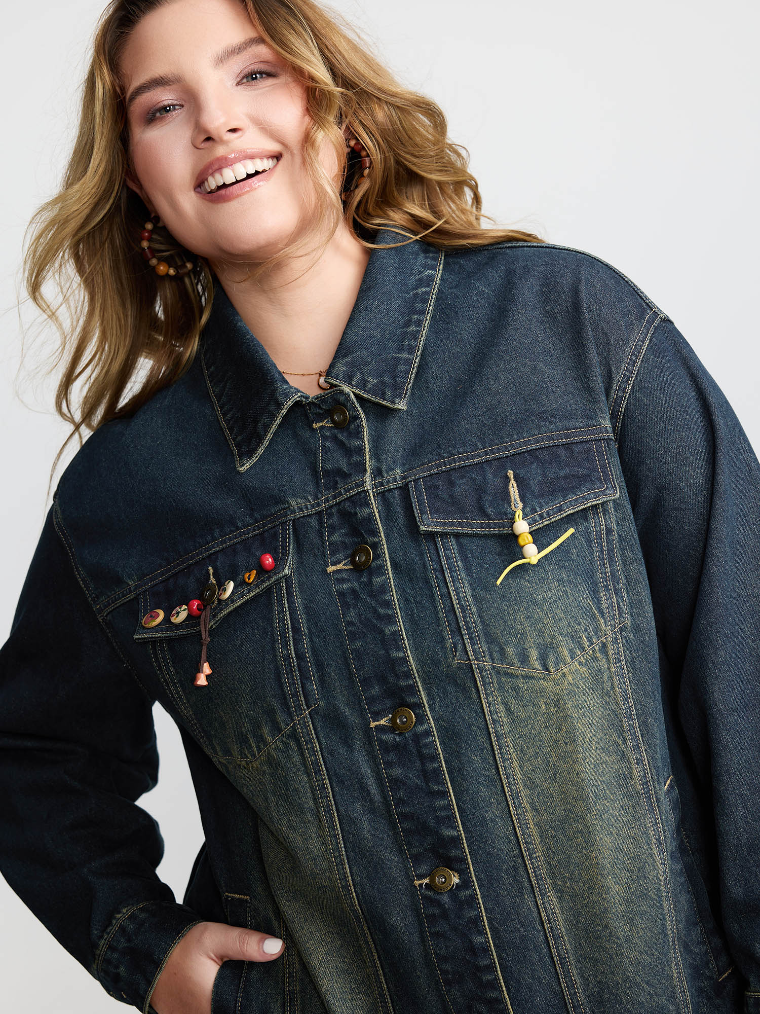 BloomChic Women's Plus Size Cotton Colorful Buttons Vintage Wash Denim Jacket Bluevintage not graphics Everyday-Casual 10/M