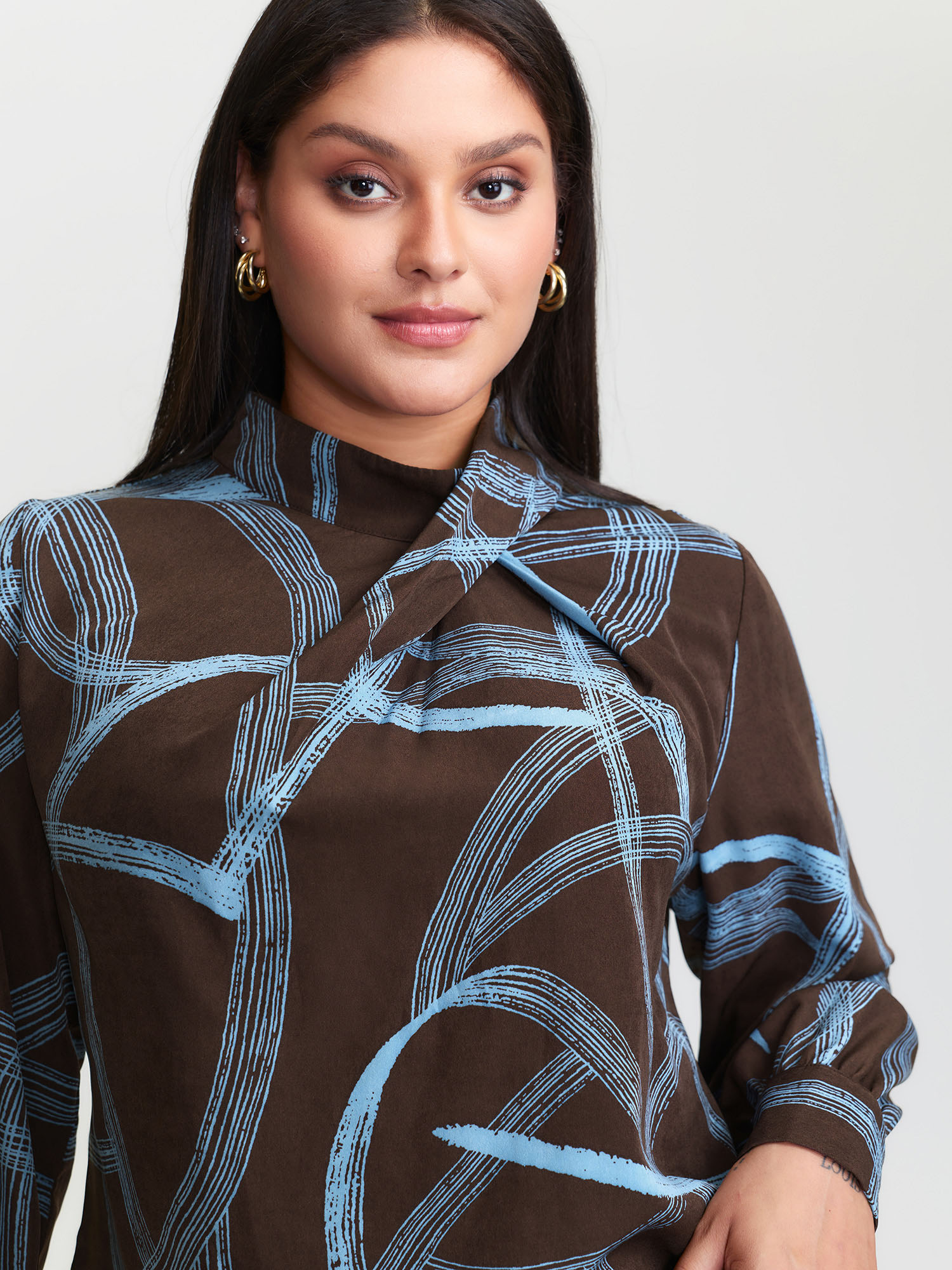 BloomChic Women's Plus Size Abstract Print Drape Neckline Blouse DarkBrown Stripes Office Long Sleeve 10/M