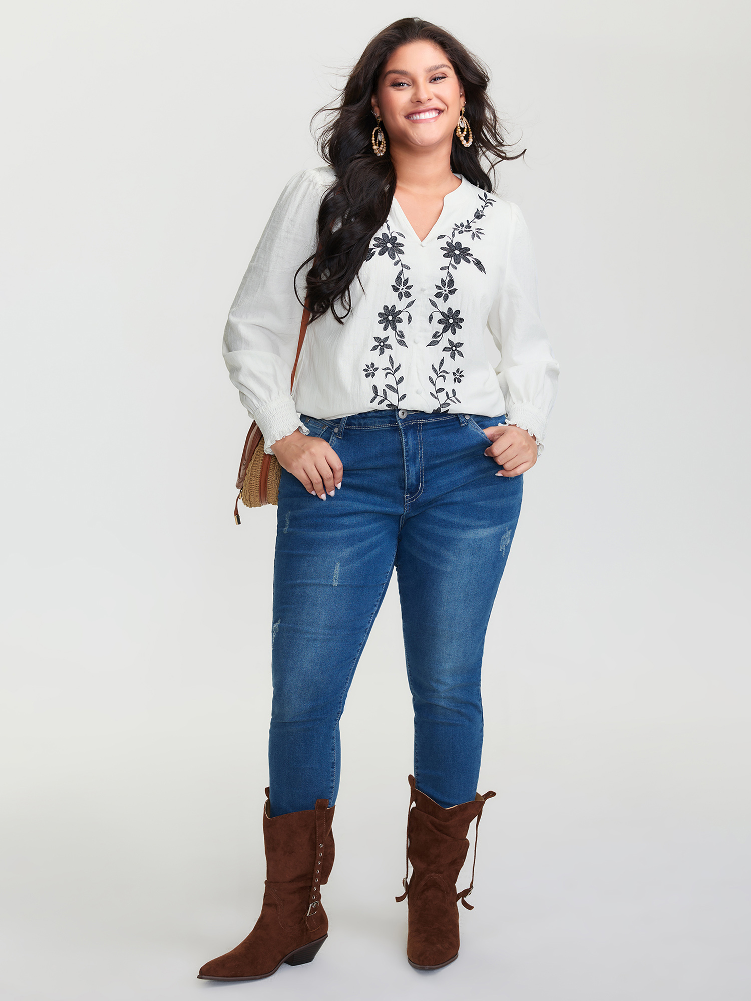 BloomChic Women's Plus Size Cotton Floral Embroidery Shirred Blouse Originalwhite Everyday-Casual Extra Long Sleeve 10/M