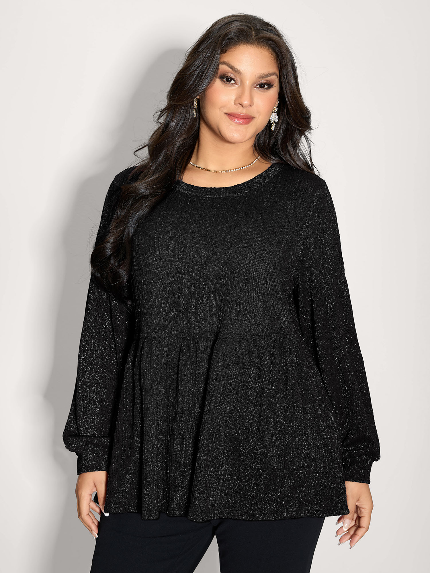 BloomChic Plus Size Textured Stretchy Flared Knit Top - Women's Black Tie-dye V-Neck Comfort Midsection Fit Cap Sleeve Americana Daily Knit Tops 14/M