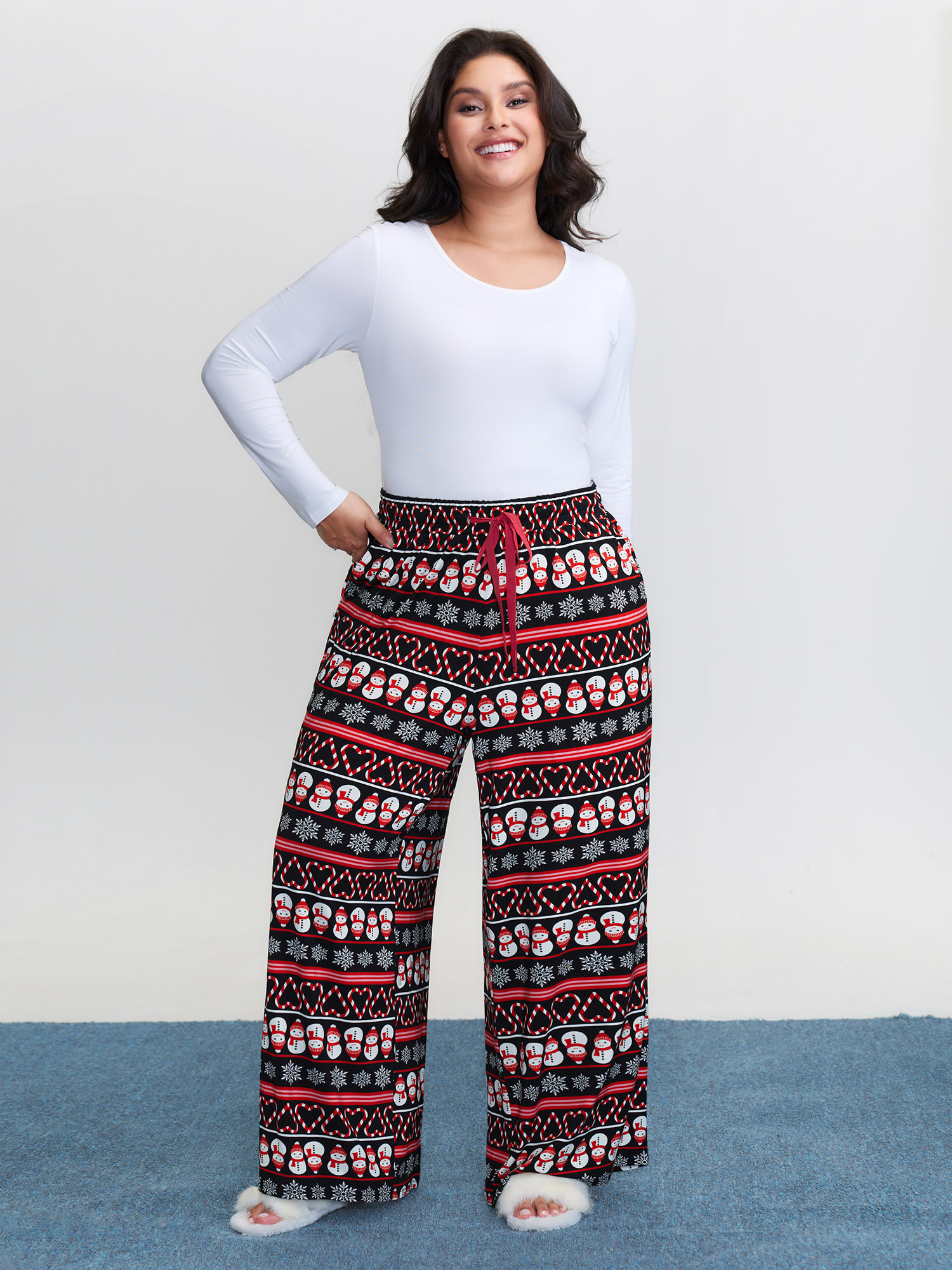 BloomChic Women's Plus Size Cute Snowman Pattern Drawstring Lounge Bottoms Multicolor Full 10/M