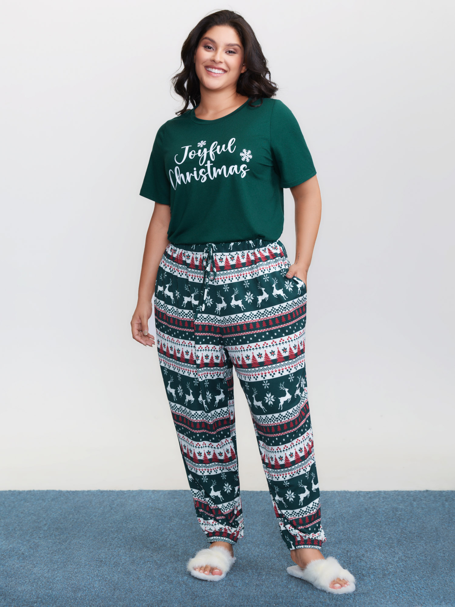 BloomChic Women's Plus Size Joyful Holidays Stretchy Loungewear Set DarkGreen Letter Short sleeve 18-20/2X-image-47584110018730