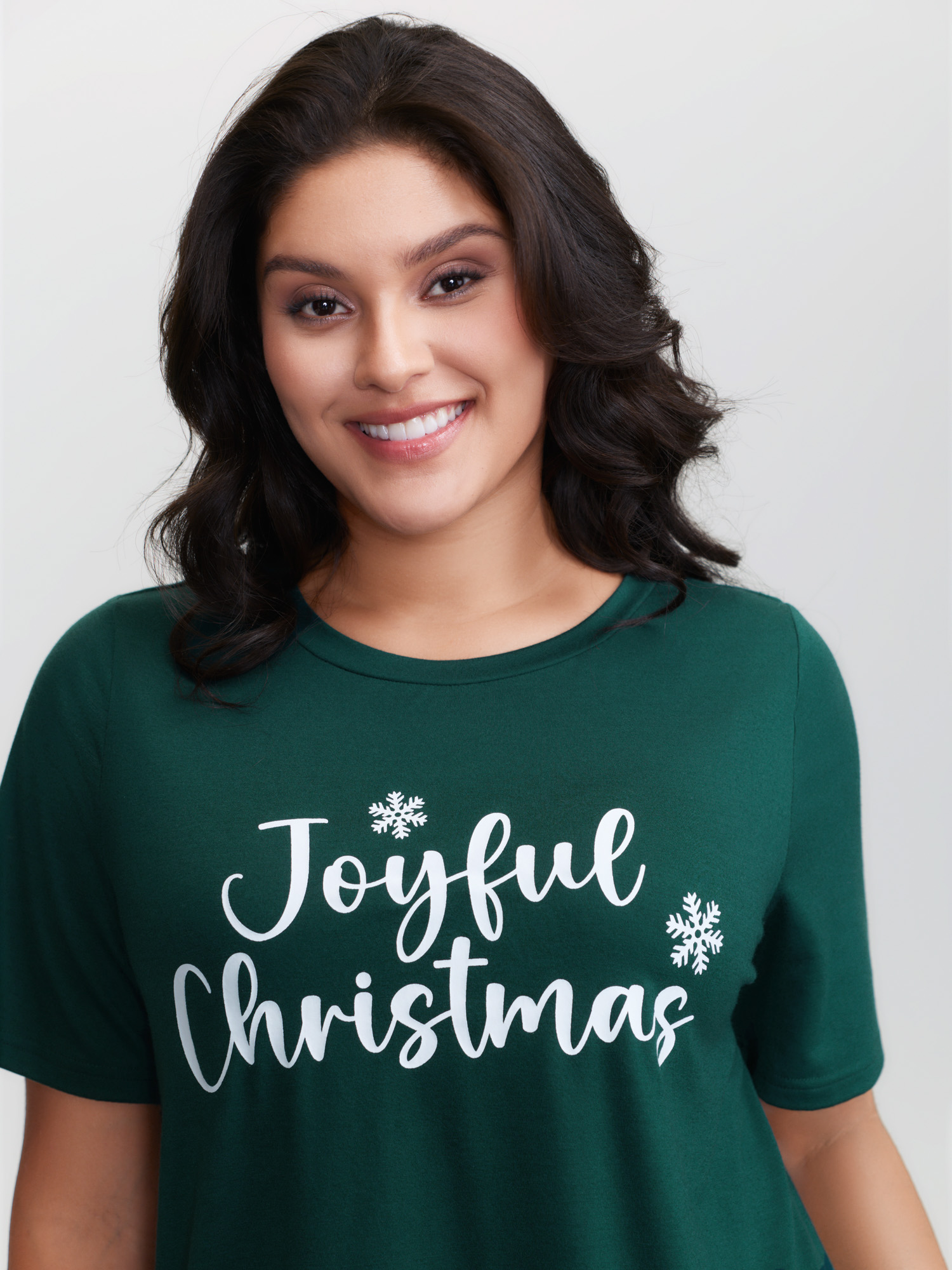 Side view of BloomChic Women's Plus Size Joyful Holidays Stretchy Loungewear Set DarkGreen Letter Short sleeve 26/4X