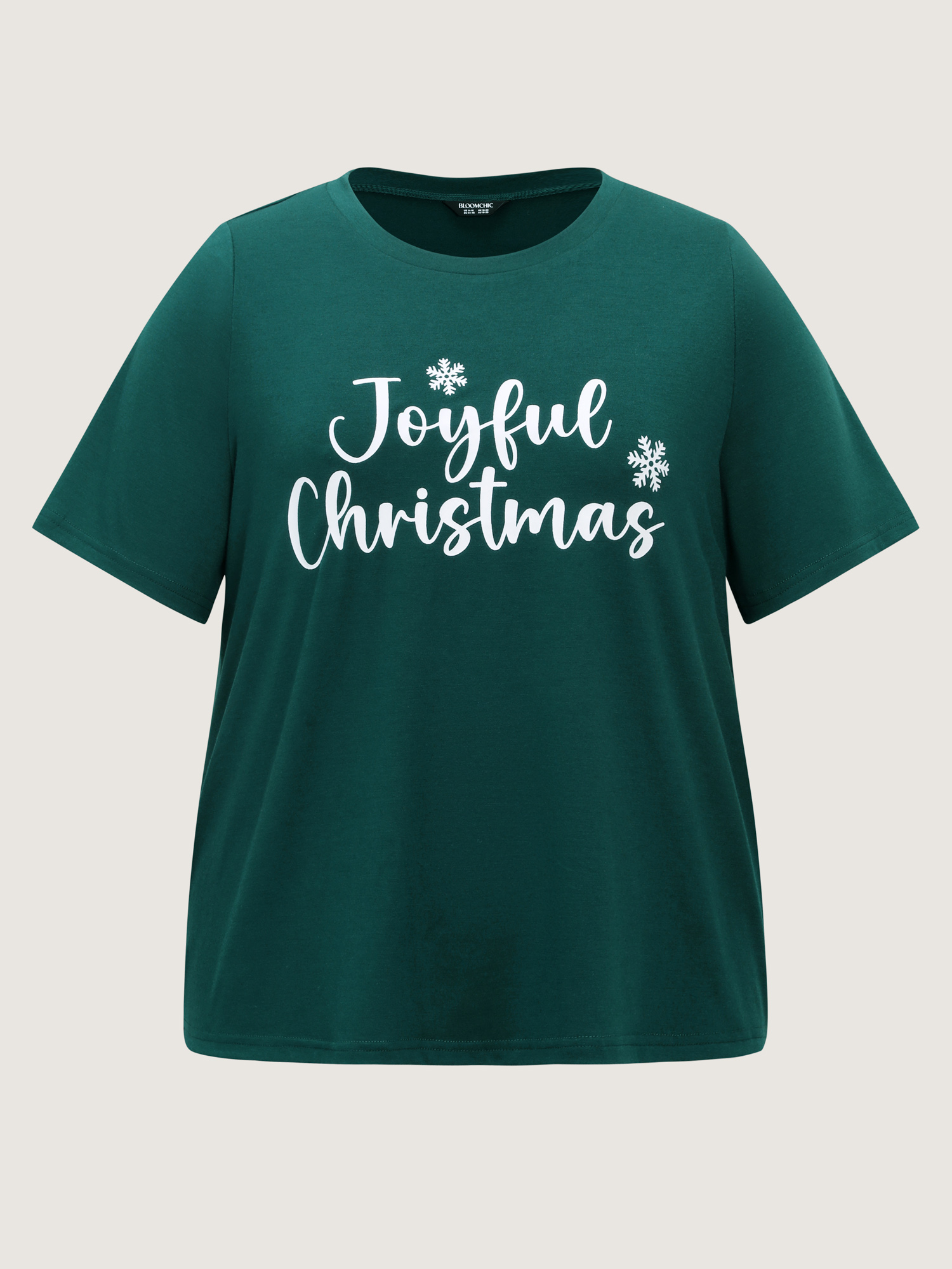 Side view of BloomChic Women's Plus Size Joyful Holidays Stretchy Loungewear Set DarkGreen Letter Short sleeve 26/4X