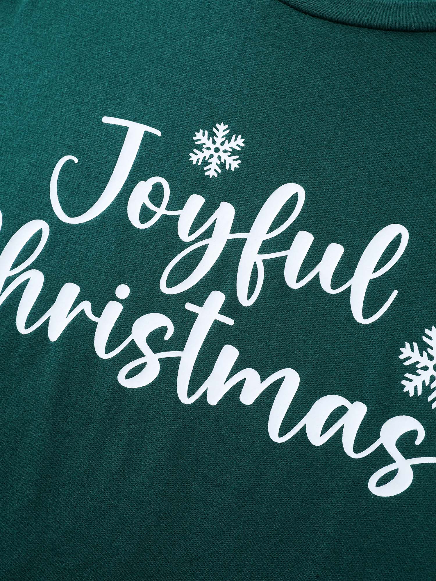 Side view of BloomChic Women's Plus Size Joyful Holidays Stretchy Loungewear Set DarkGreen Letter Short sleeve 26/4X
