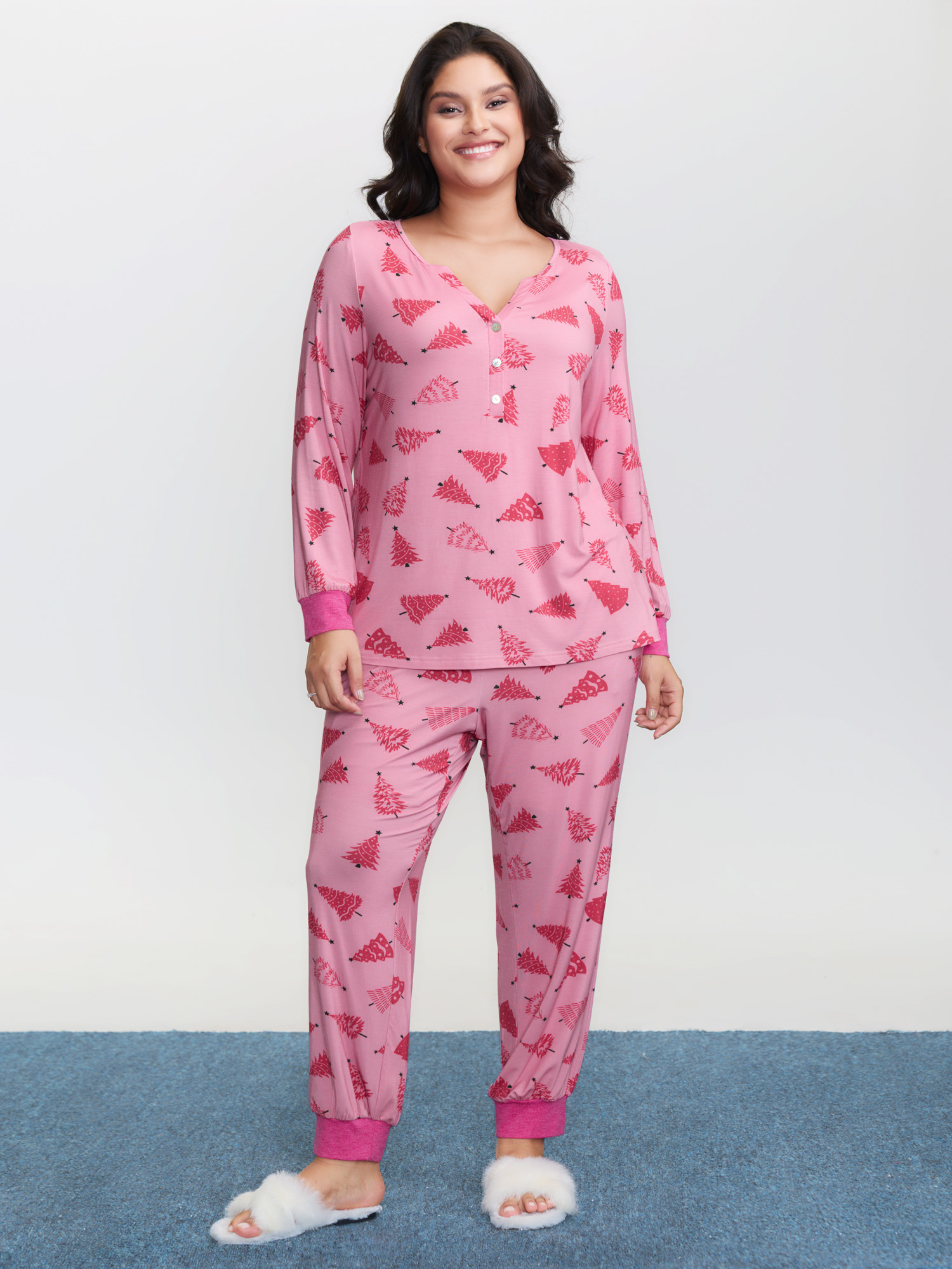 BloomChic Women's Plus Size Christmas Tree Print Buttons Co-Ord Pajama Set Blush Christmas 30/6X-image-47573467300010