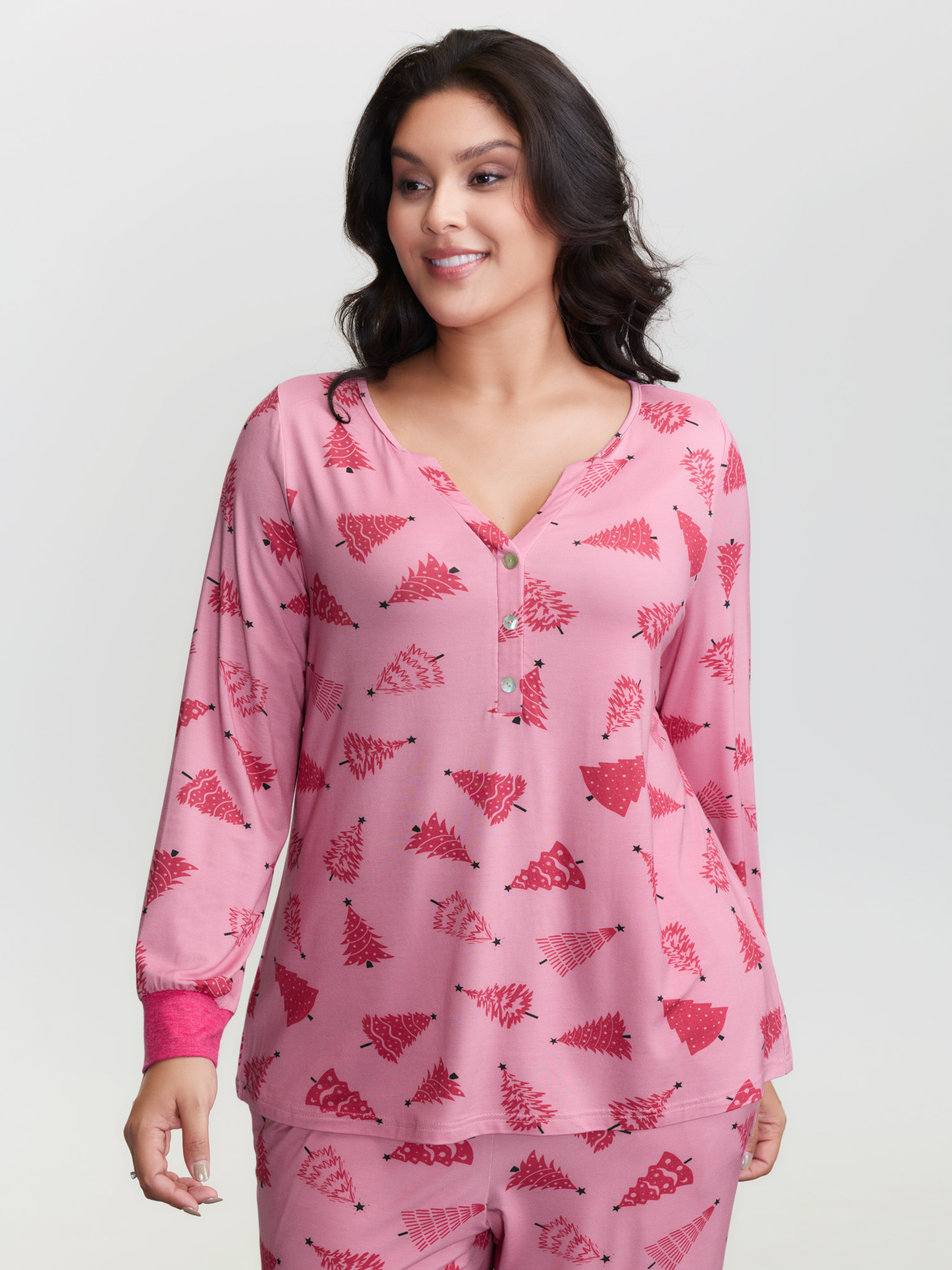 Side view of BloomChic Women's Plus Size Christmas Tree Print Buttons Co-Ord Pajama Set Blush Christmas 14-16/1X