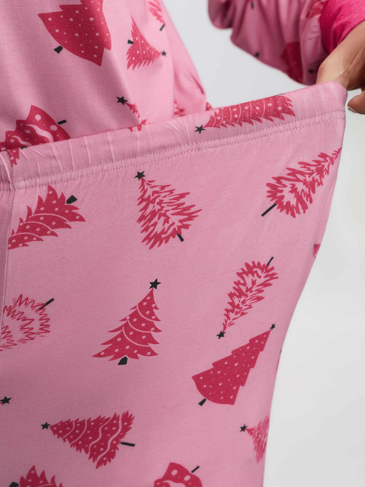 Side view of BloomChic Women's Plus Size Christmas Tree Print Buttons Co-Ord Pajama Set Blush Christmas 14-16/1X