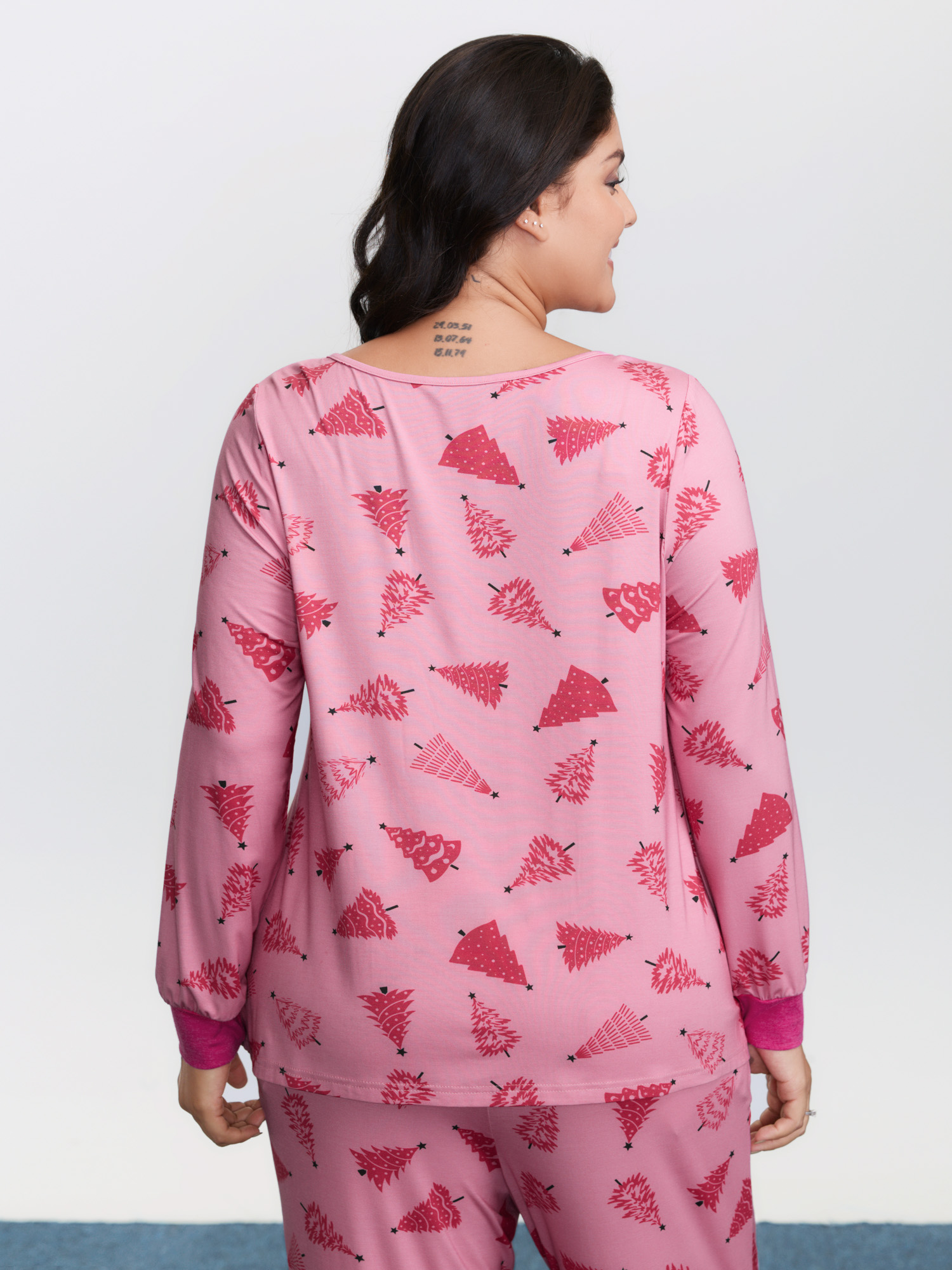 Side view of BloomChic Women's Plus Size Christmas Tree Print Buttons Co-Ord Pajama Set Blush Christmas 14-16/1X