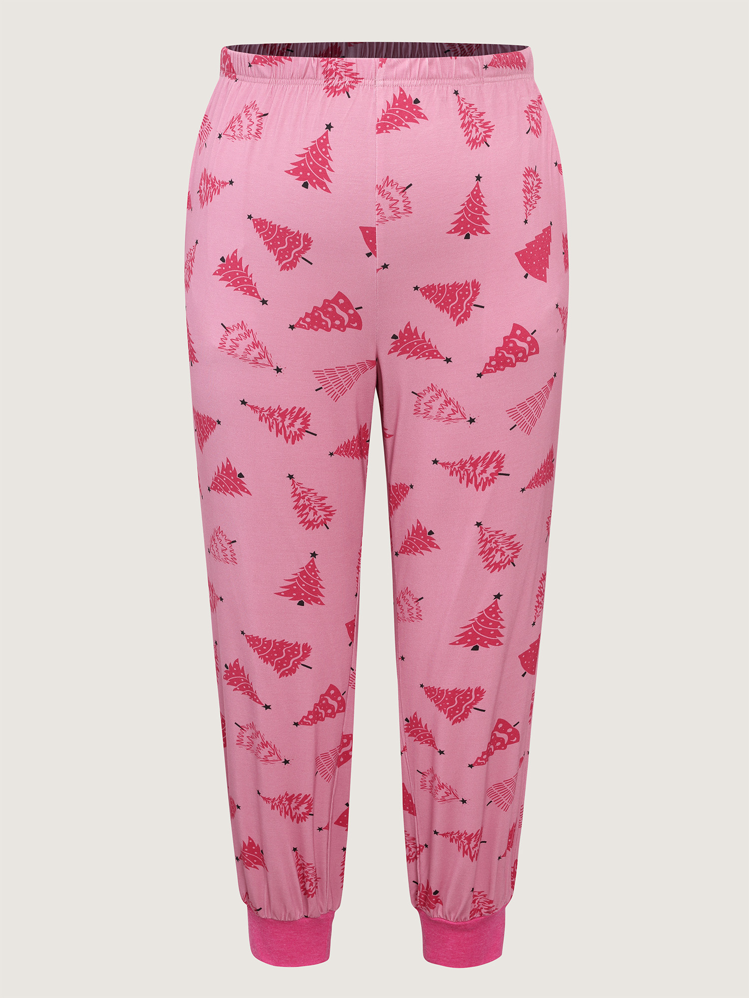 Side view of BloomChic Women's Plus Size Christmas Tree Print Buttons Co-Ord Pajama Set Blush Christmas 14-16/1X