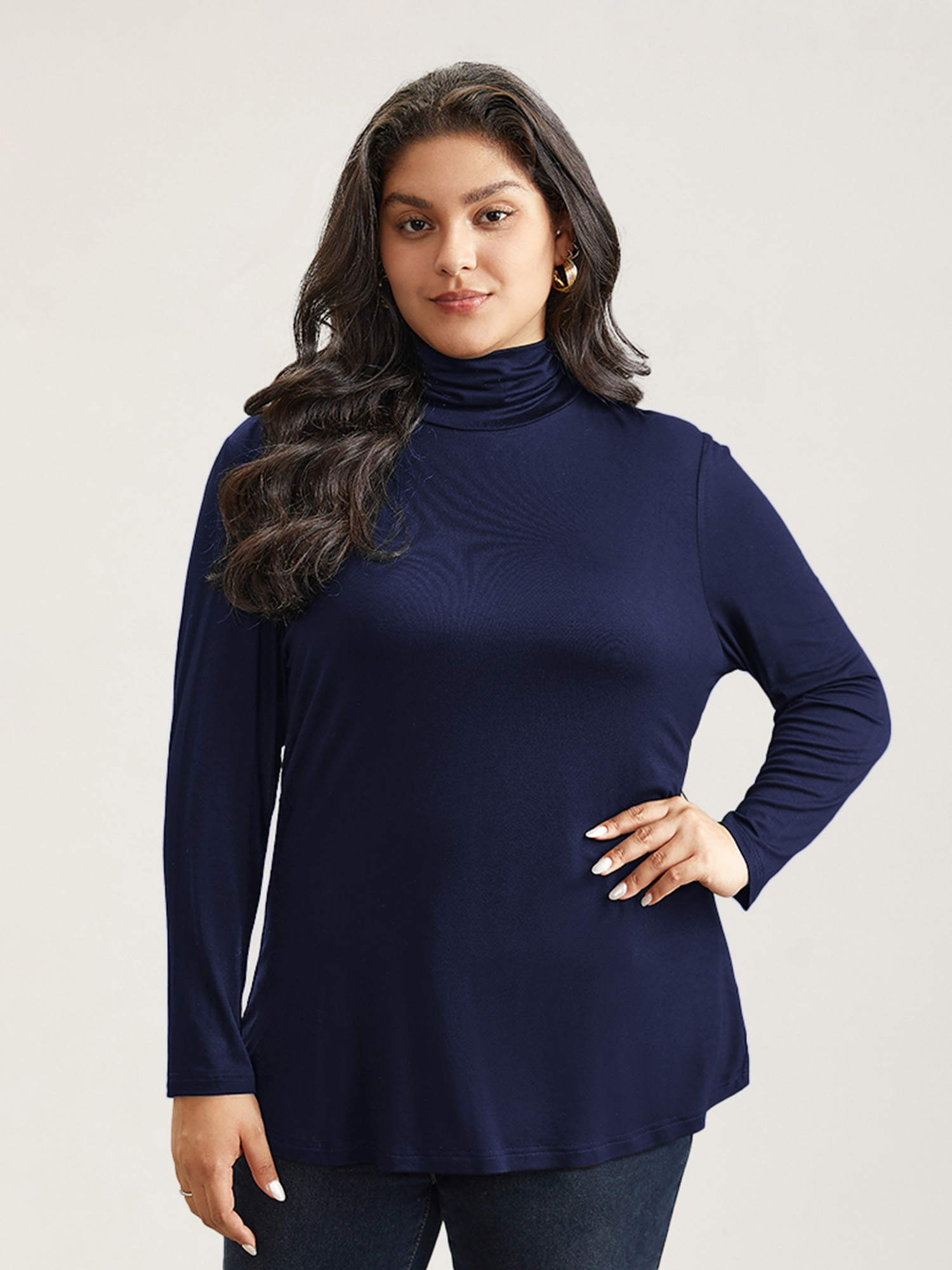BloomChic Women's Plus Size Supersoft Essentials Solid Funnel Neck Knit T-Shirt Ocean Cavern Solid Everyday-Casual Long Sleeve Turtleneck 10/M