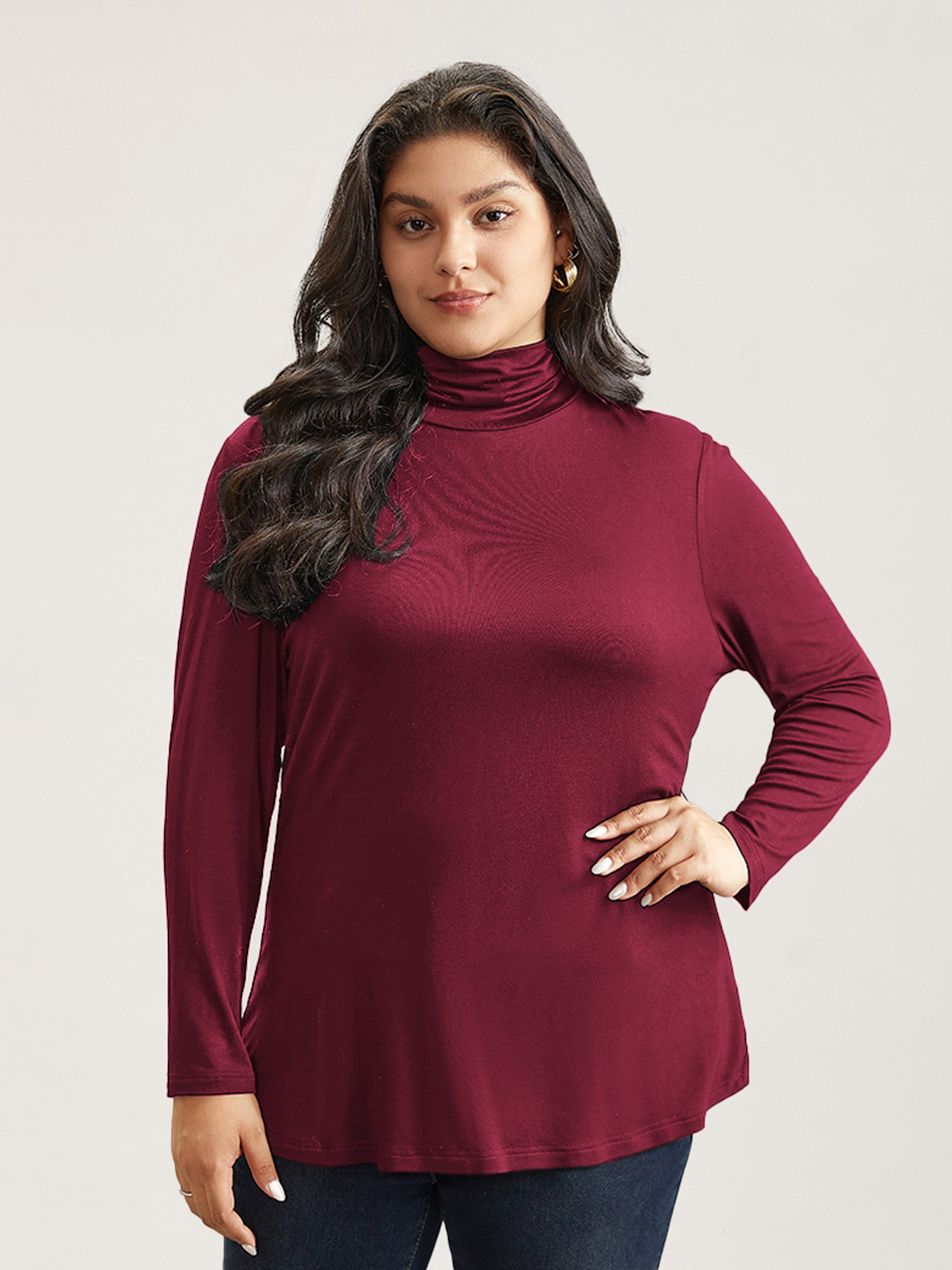 BloomChic Plus Size Supersoft Essentials Solid Funnel Neck Knit T-Shirt - Women's Merlot Solid Round Neck Comfort Midsection Fit Long Sleeve Playful T-shirts 14/M
