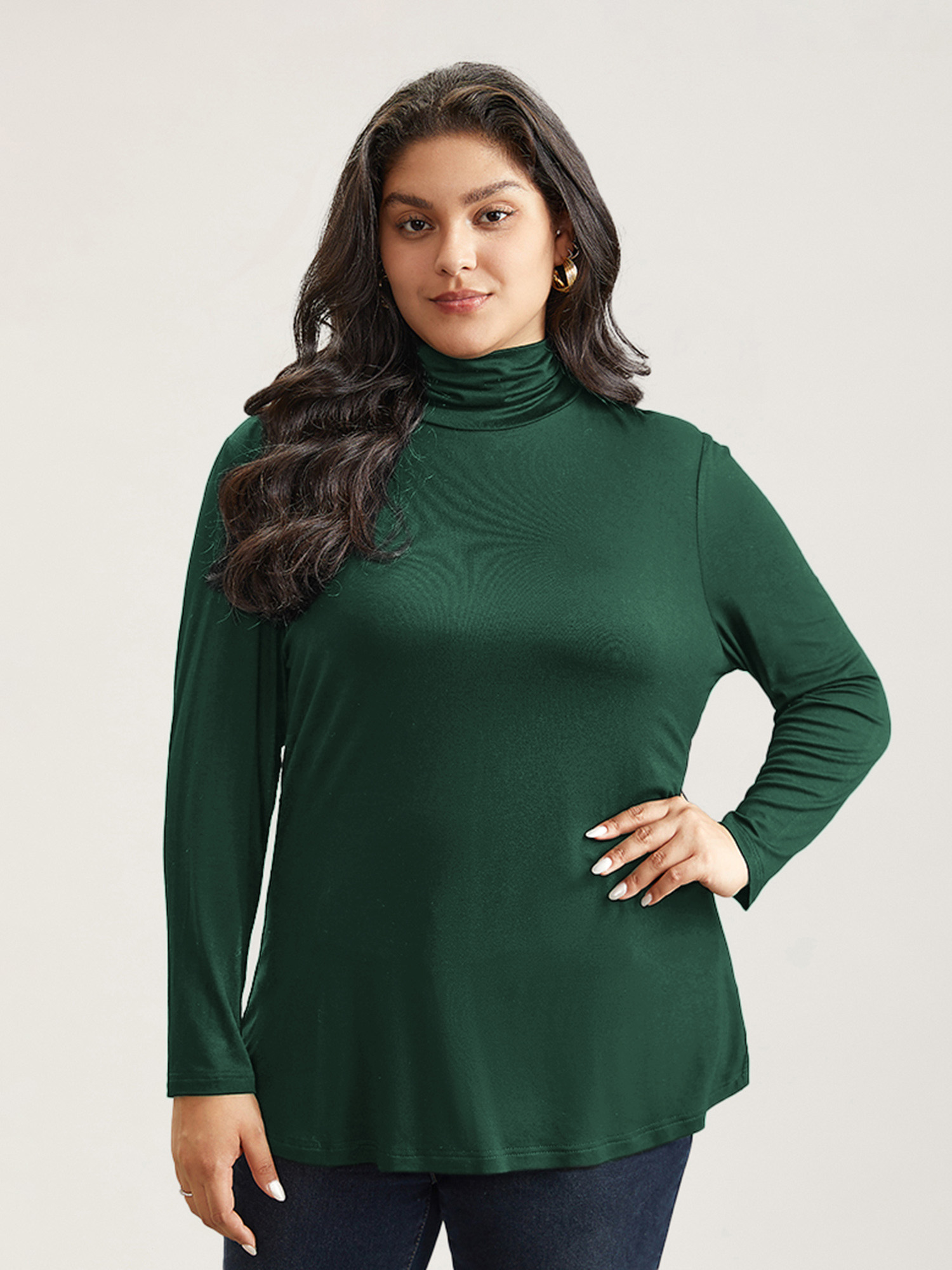 BloomChic Women's Plus Size Supersoft Essentials Solid Funnel Neck Knit T-Shirt Hunter Green Solid Everyday-Casual Long Sleeve Turtleneck 10/M