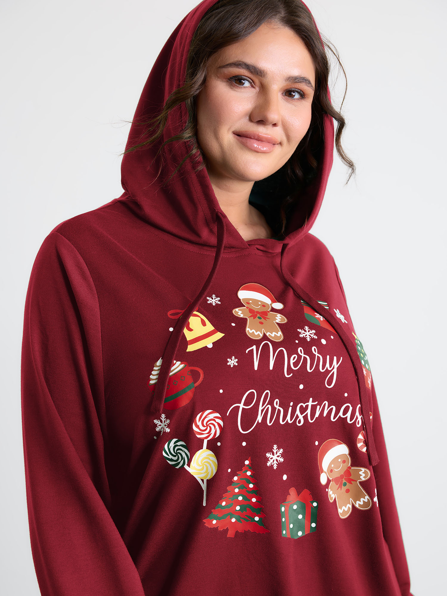 BloomChic Women's Plus Size Supersoft Happy Holidays Hoodie Burgundy Graphic-Christmas Everyday-Casual Hooded Neck 10/M