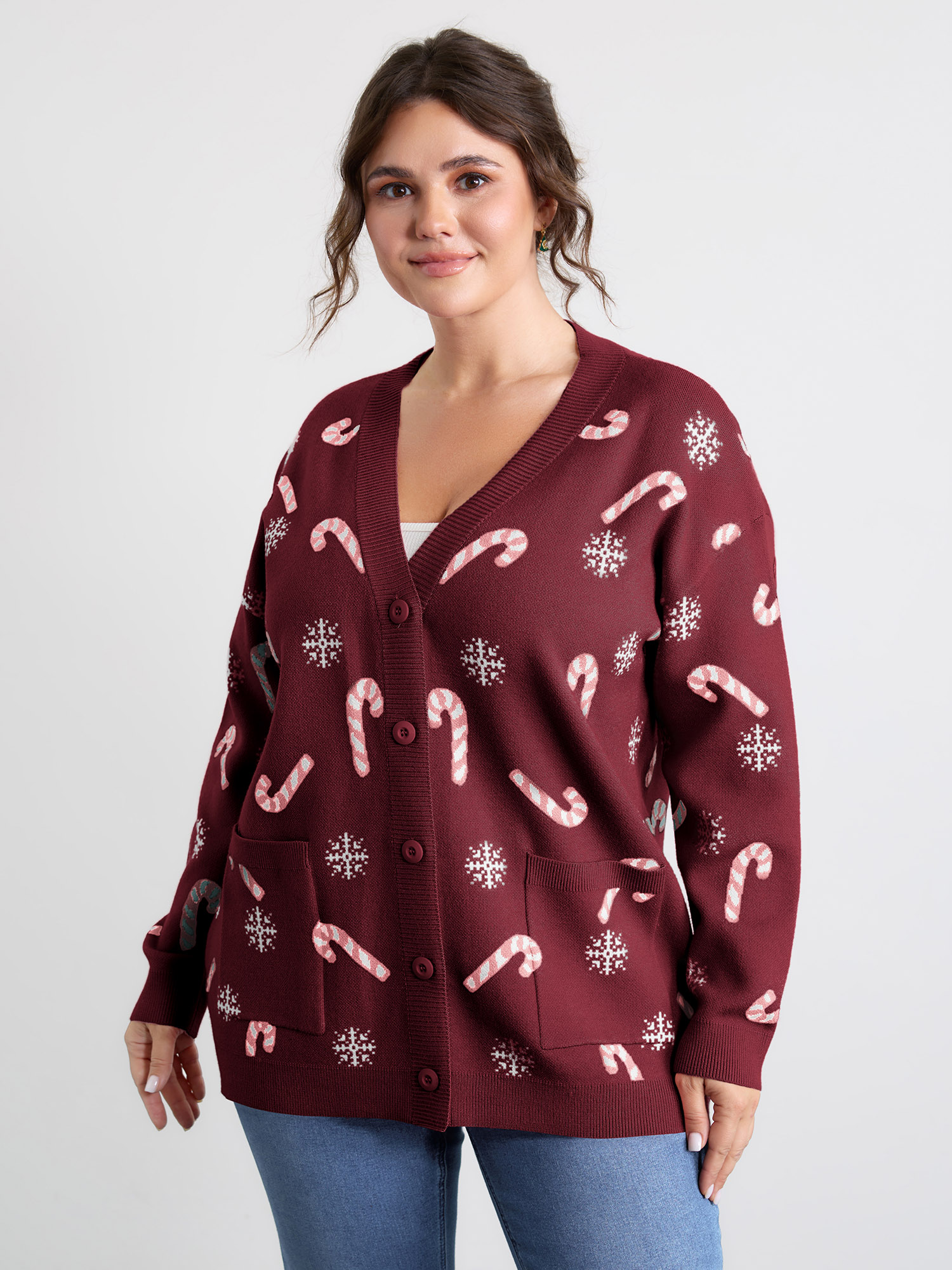 BloomChic Women's Plus Size Holiday Candy Patch Pockets Knit Cardigan Burgundy Long Sleeve V-Neck 12/L