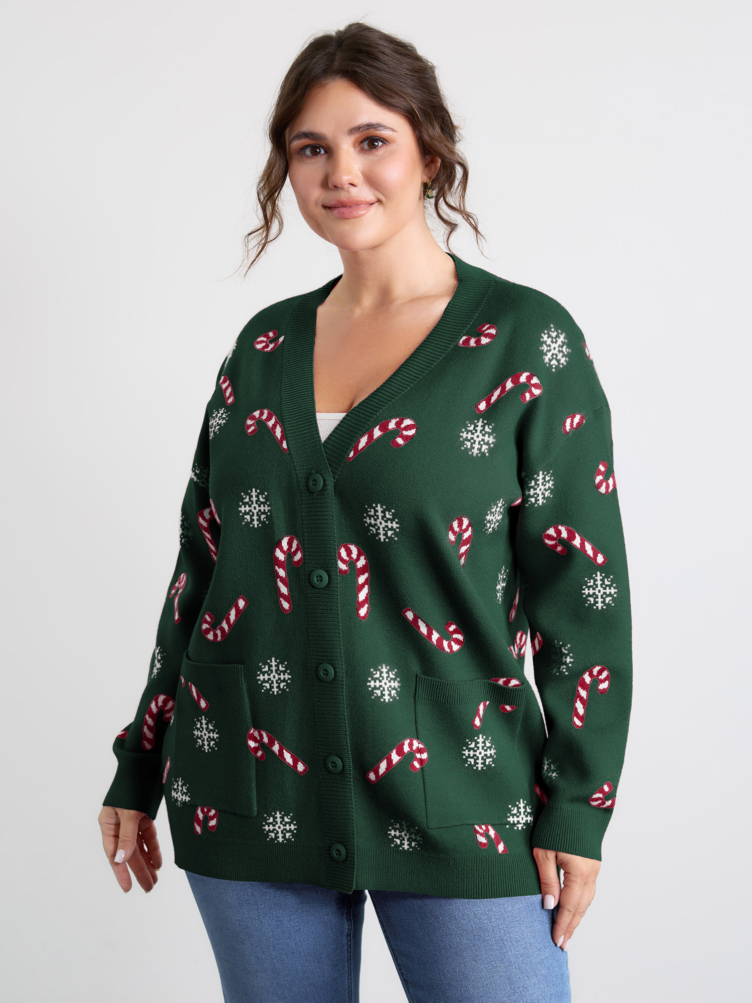 BloomChic Women's Plus Size Holiday Candy Patch Pockets Knit Cardigan DarkGreen Long Sleeve V-Neck 10/M