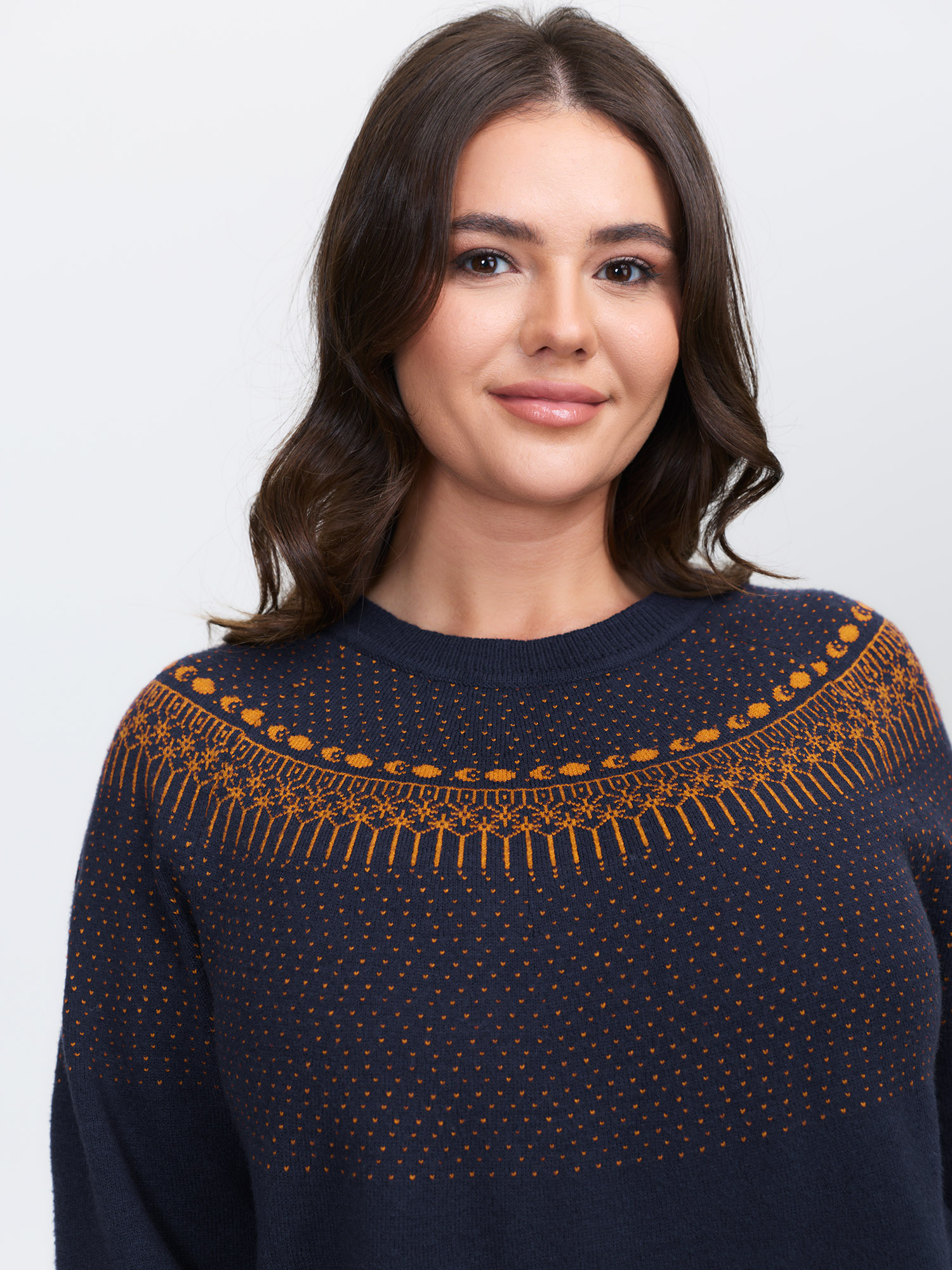 BloomChic Plus Size Supersoft Fair Isle Yoke Color Contrast Pullover - Curve Women's Winter H-line Non Indigo Raglan sleeve Pullovers 14/M