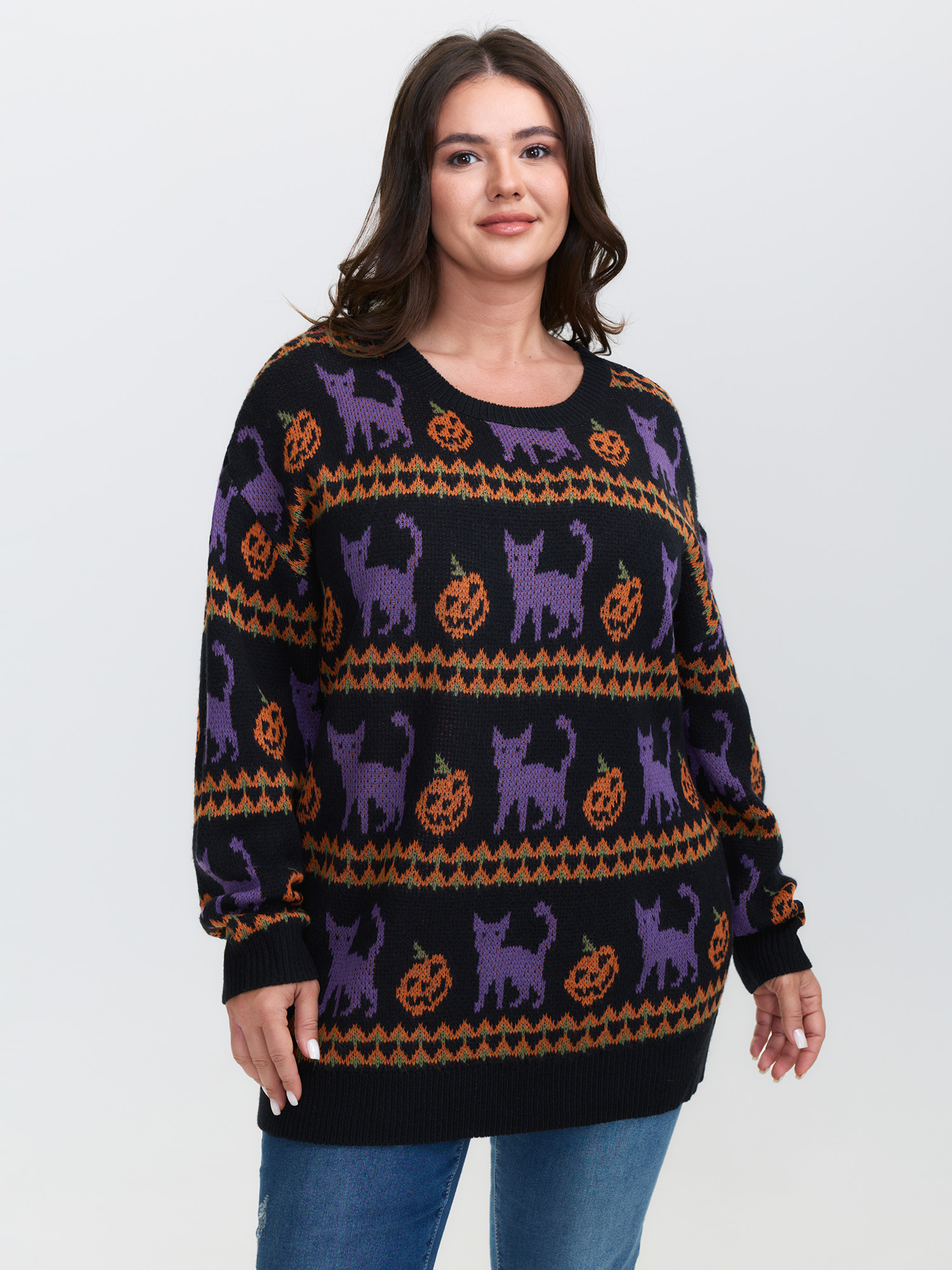 BloomChic Women's Plus Size Cat Halloween Print Cozy Pullover Black Halloween Long Sleeve 12