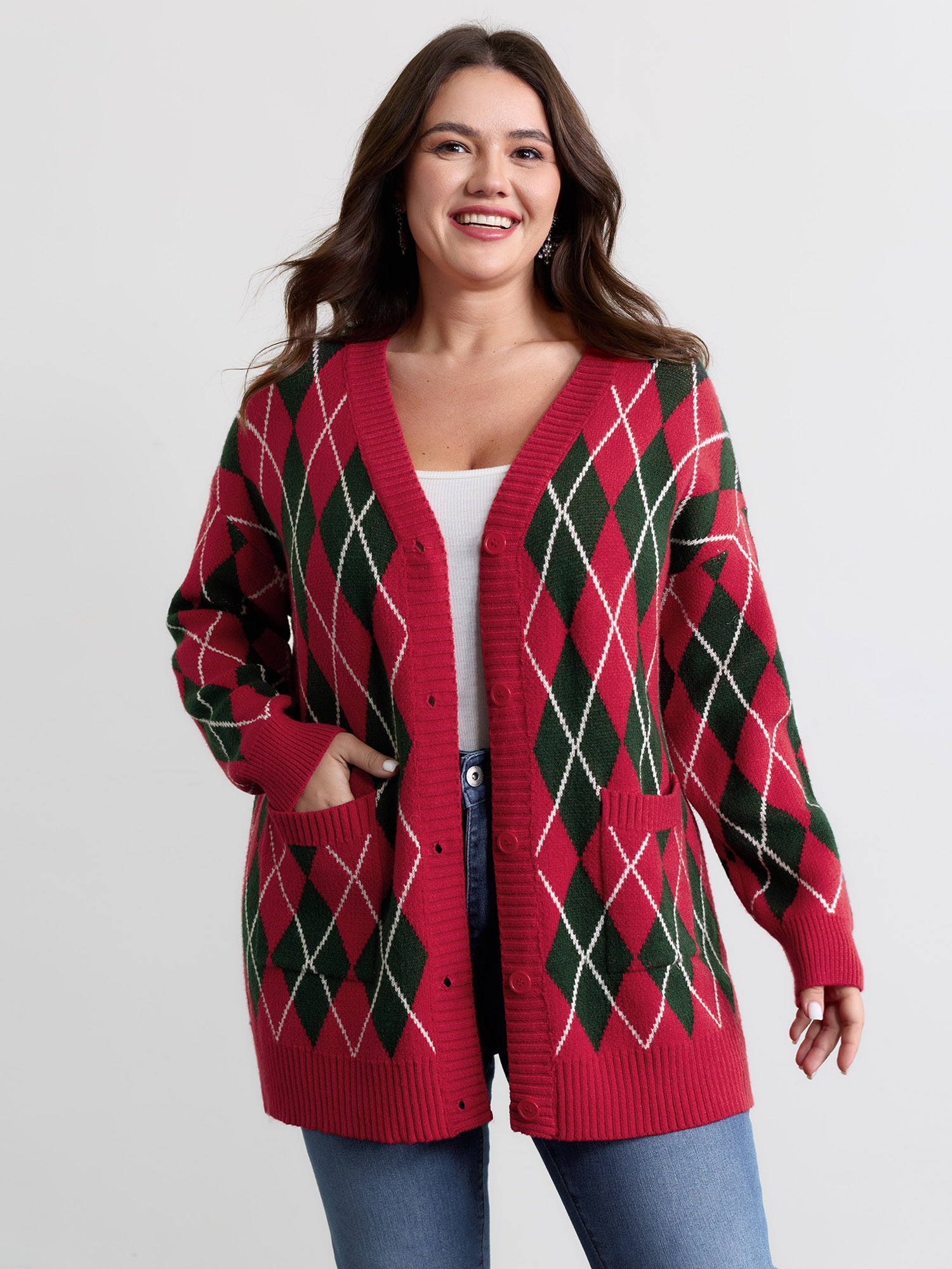BloomChic Women's Plus Size Holiday Checkered Jacquard Knit Cardigan Crimson Long Sleeve V-Neck 10/M