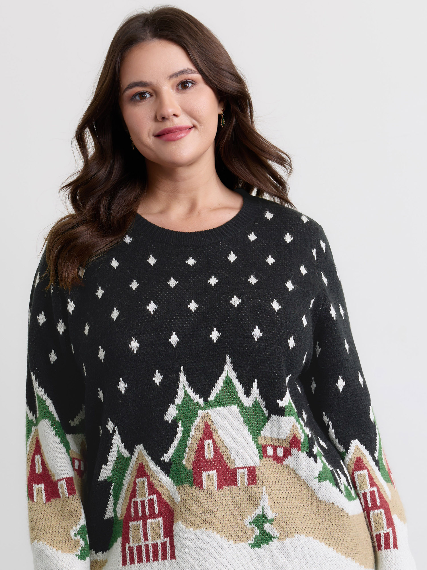 BloomChic Plus Size Snowy Nights Jacquard Pullover - Curve Women's Winter Round Neck Boxy Jacquard Indigo Sleeve Pullovers 14/M