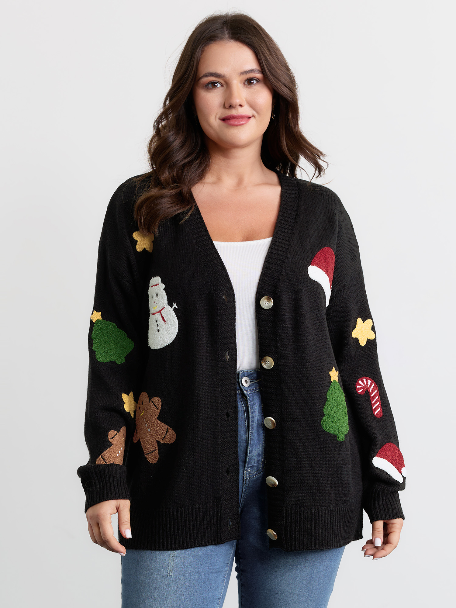 BloomChic Women's Plus Size Gingerbread Santa Embroidery Knit Cardigan Black Long Sleeve V-Neck 18-20/2X