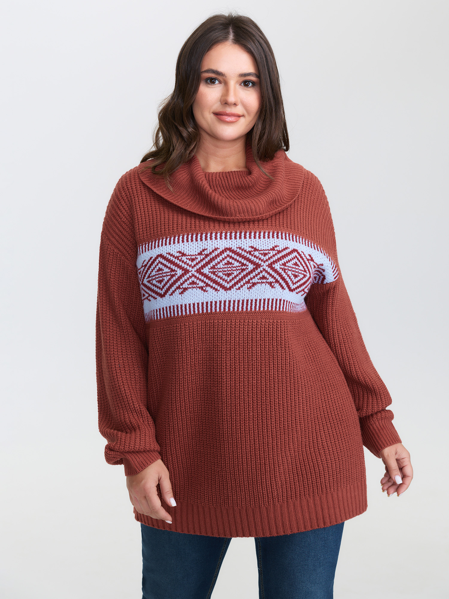 BloomChic Women's Plus Size Geometric Snowflake Drape Turtleneck Pullover Russet Long Sleeve 10/M