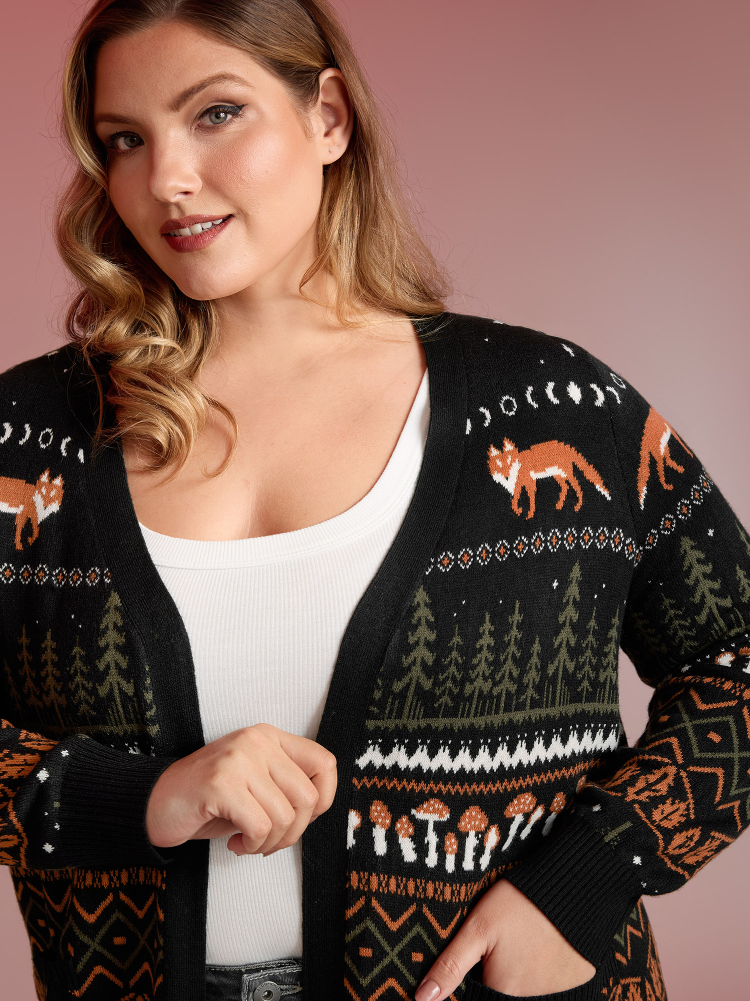 BloomChic Women's Plus Size Fox in Forest Contrast Knit Cardigan Black Long Sleeve V-Neck 10/M