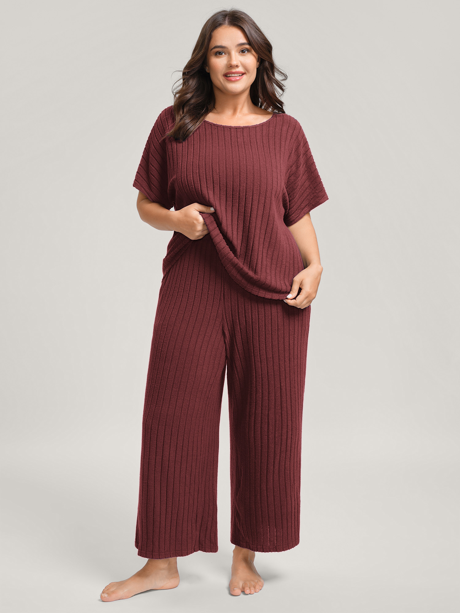 BloomChic Women's Plus Size Stretchy Pit Strip Solid Loungewear Set Burgundy Solid Short sleeve Non 14-16/1X-image-48075057823914