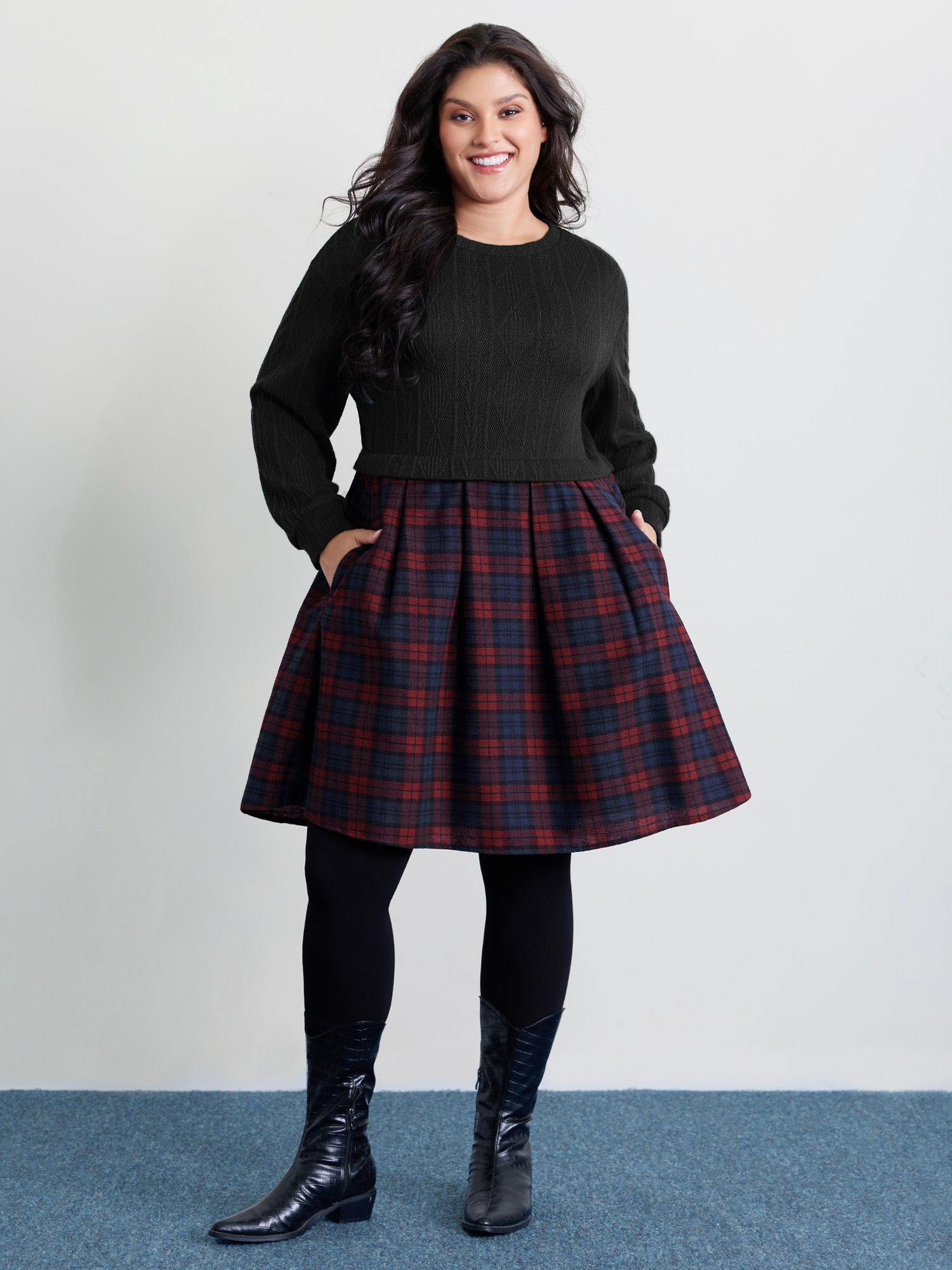 BloomChic Plus Size Layered Plaid Pockets Mini Dress - Curve Ladies Black Americana Daily Long Sleeve Plaid Hidden Pocket Daily Dresses 26-28/3X