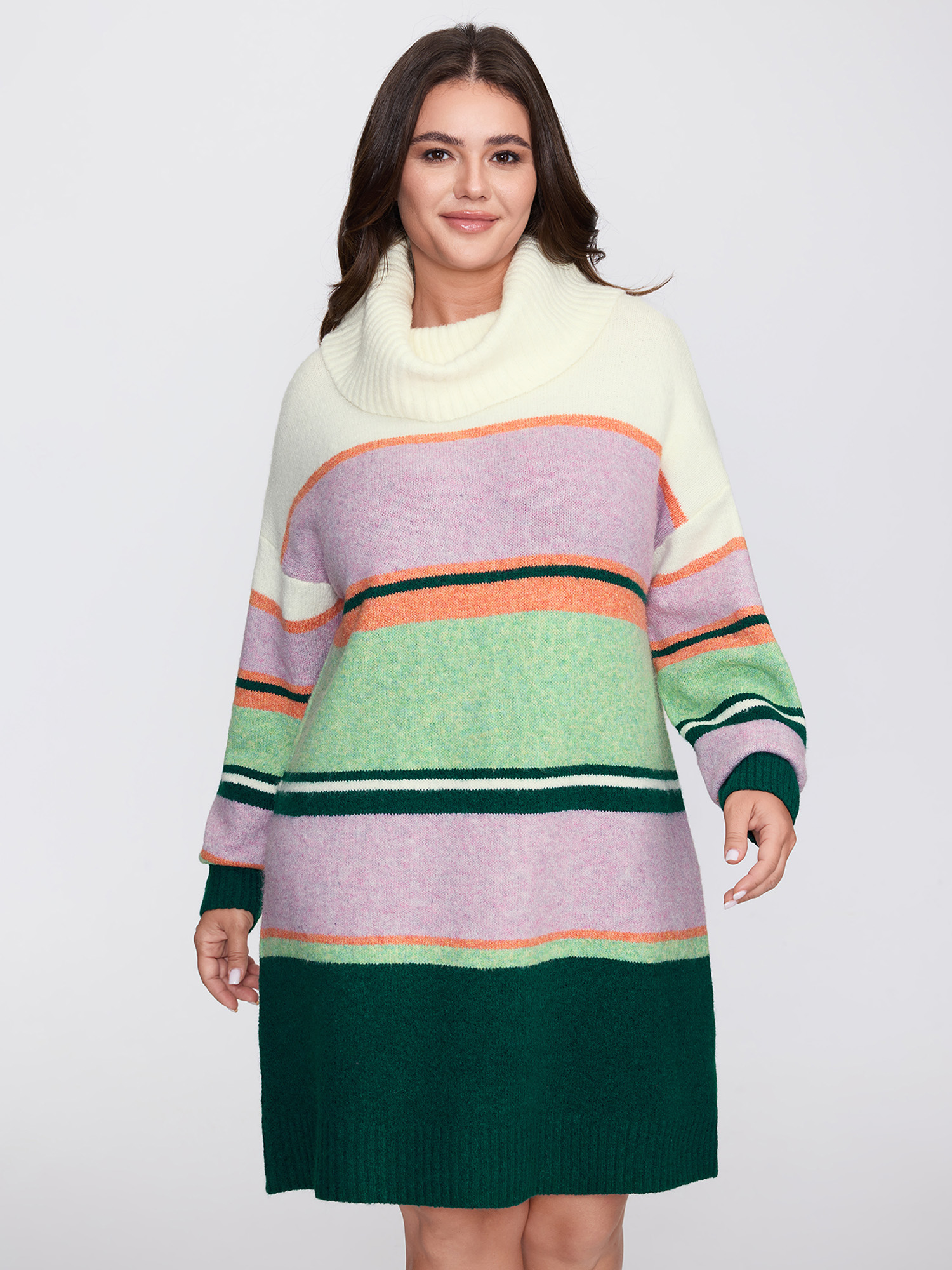BloomChic Women's Plus Size Colorful Stripe Drape Turtleneck Sweater Dress Lavender Geometric Tunic Colorblock 12