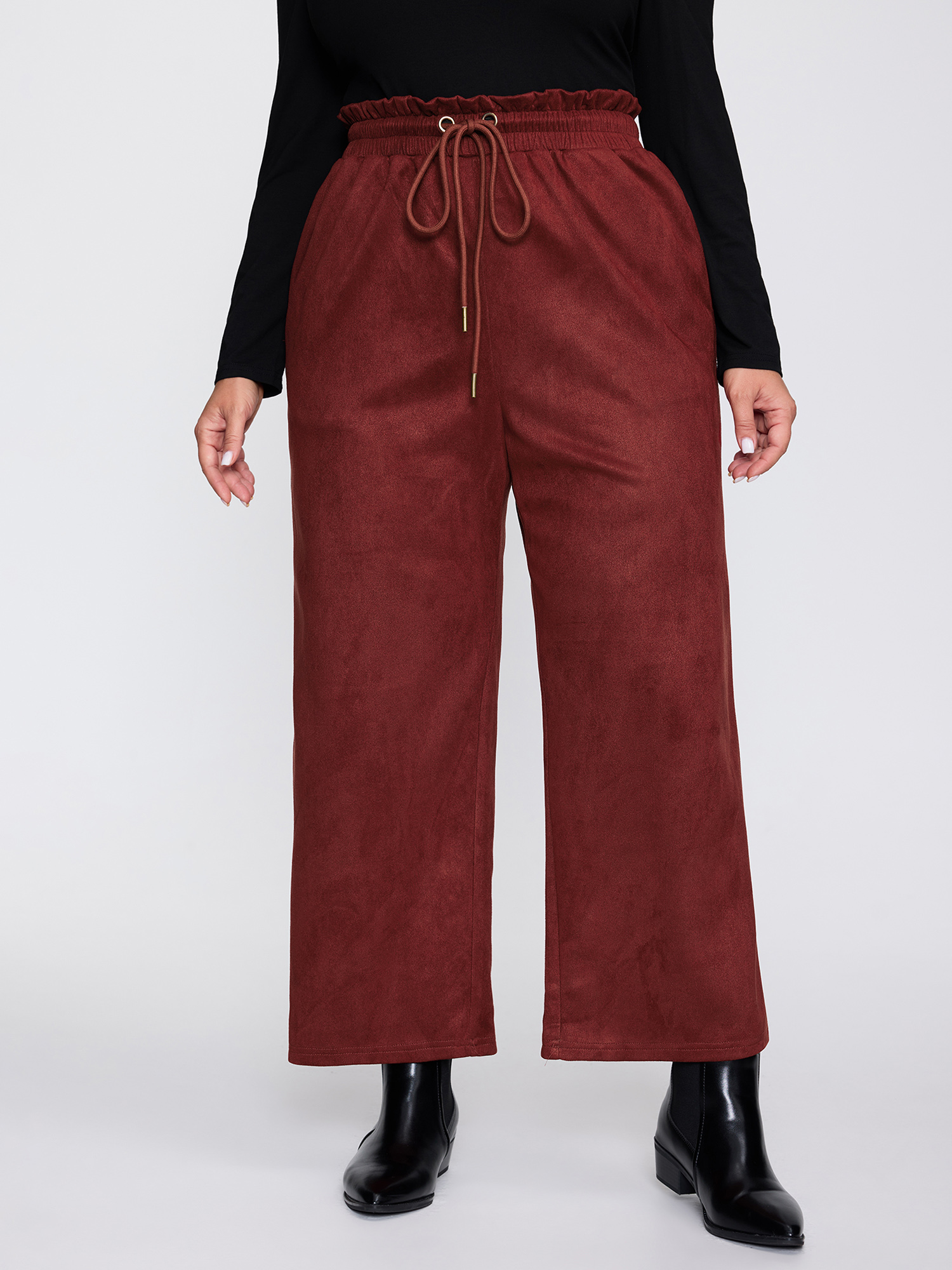 BloomChic Women's Plus Size Velvet Pockets Drawstring Waist Pants Maroon Wide leg Mid Rise 10/M