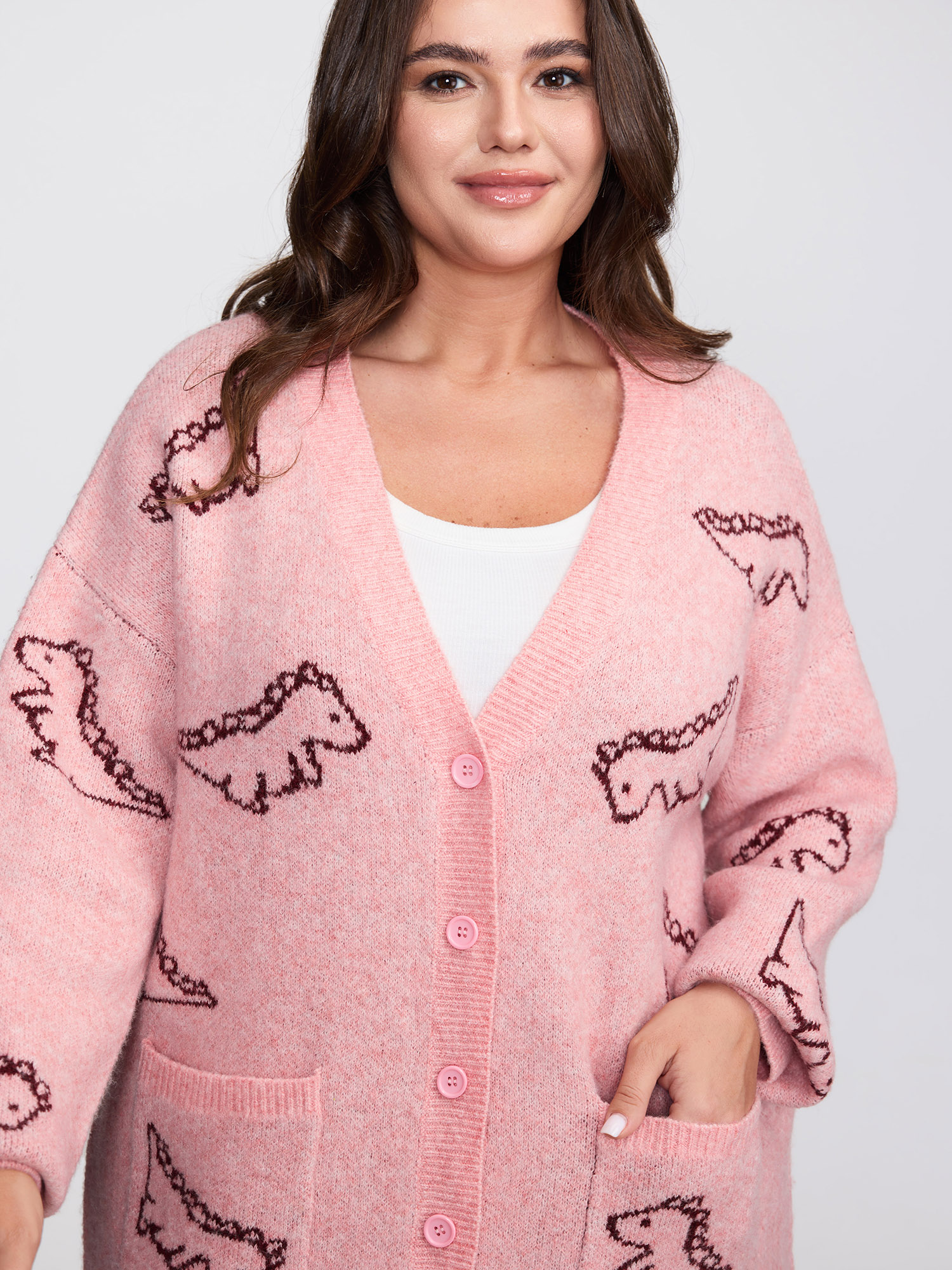 BloomChic Women's Plus Size Jacquard Dinosaur Print Knit Cardigan Watermelon Long Sleeve V-Neck 10/M