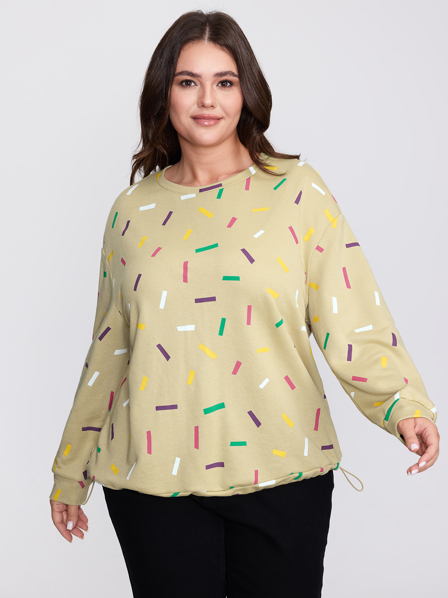 BloomChic Women's Plus Size Colorful Confetti Print Round Neck Sweatshirt Apricot Everyday-Casual 10/M