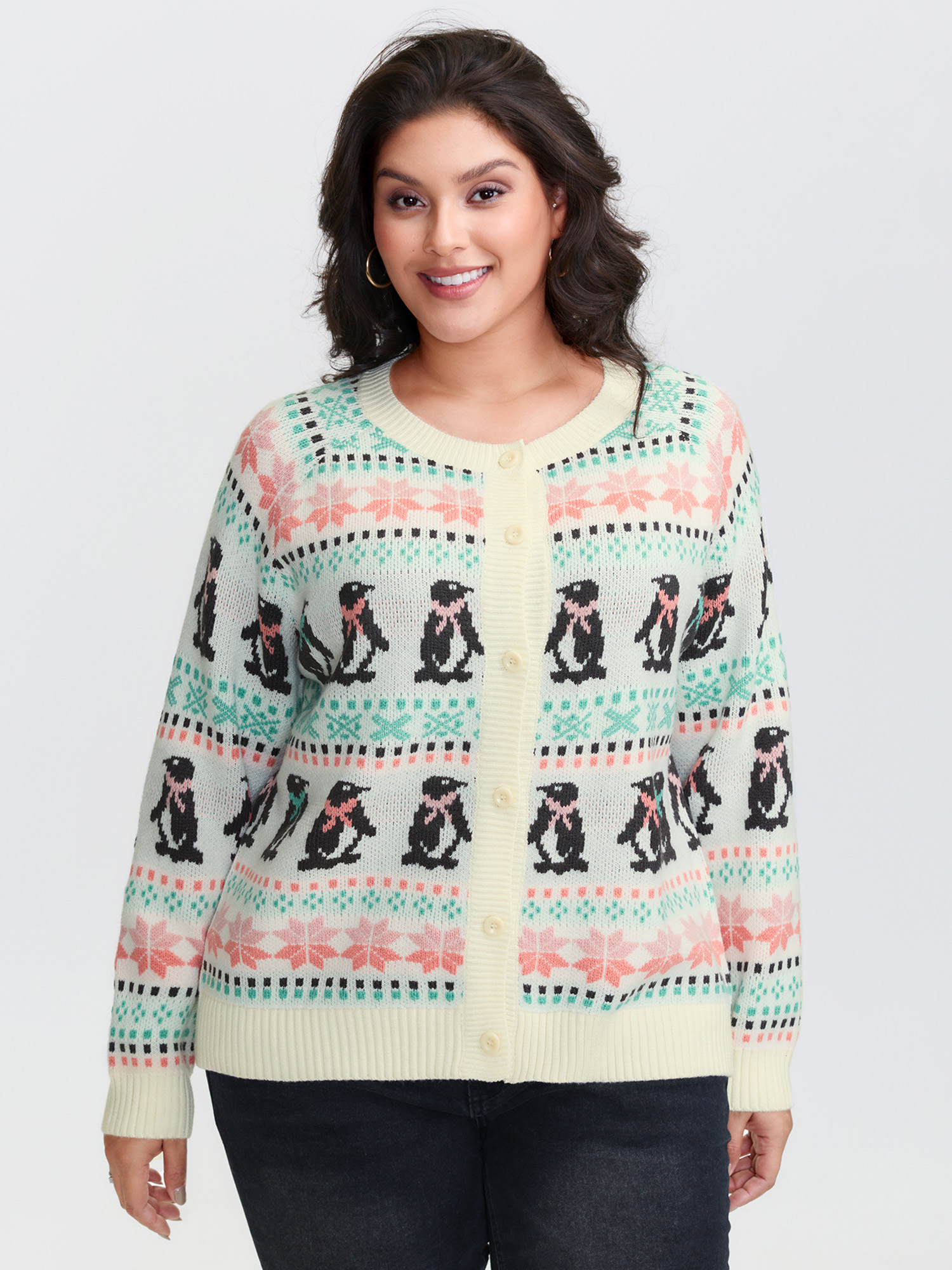 BloomChic Women's Plus Size Supersoft Festive Penguin Pattern Jacquard Knit Cardigan Ivory Long Sleeve 10/M