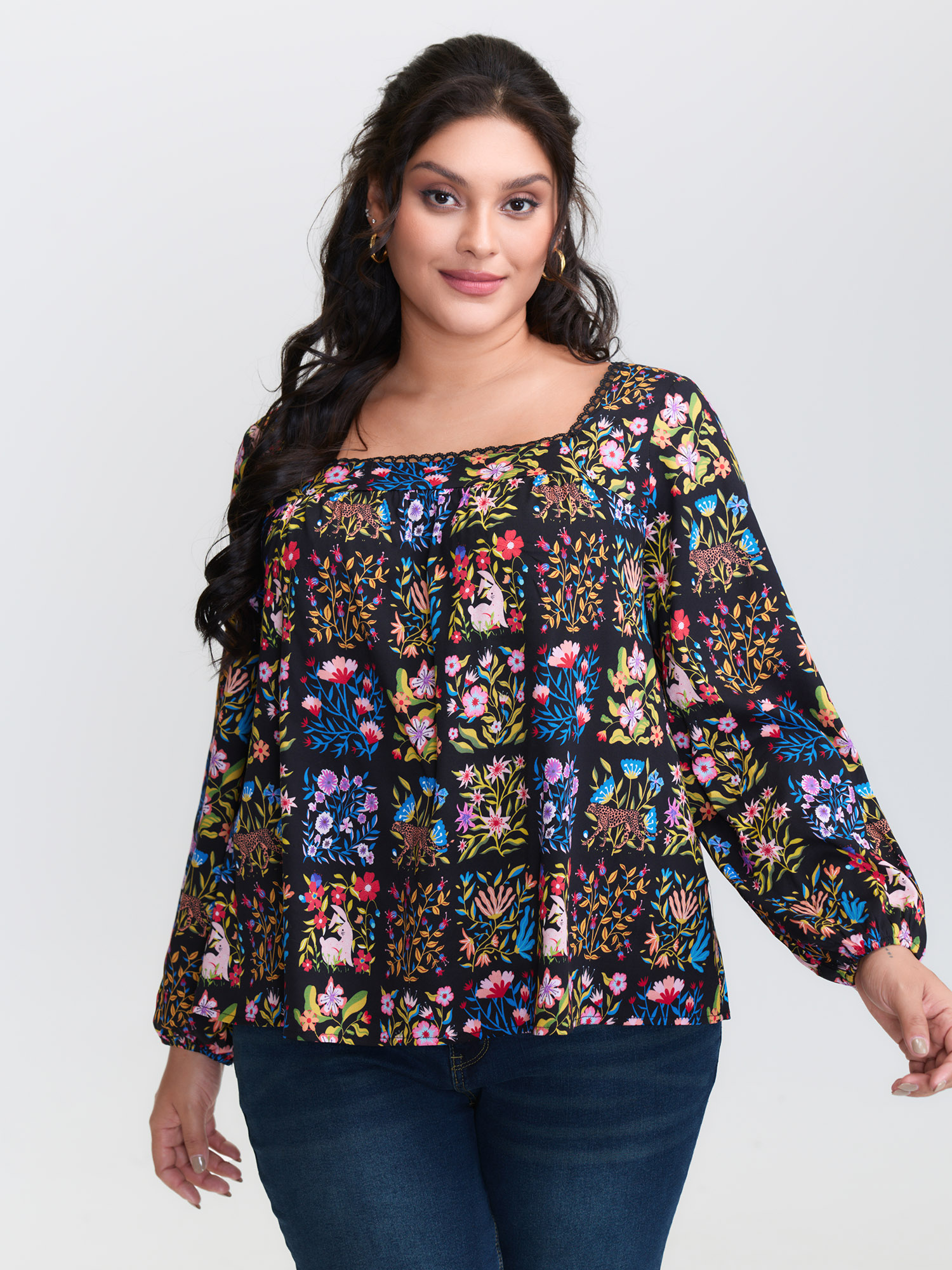 BloomChic Women's Plus Size Rayon Floral Collage Lace Blouse BlackFlower Ditsy Floral Everyday-Elegant Long Sleeve Square Neck 10/M
