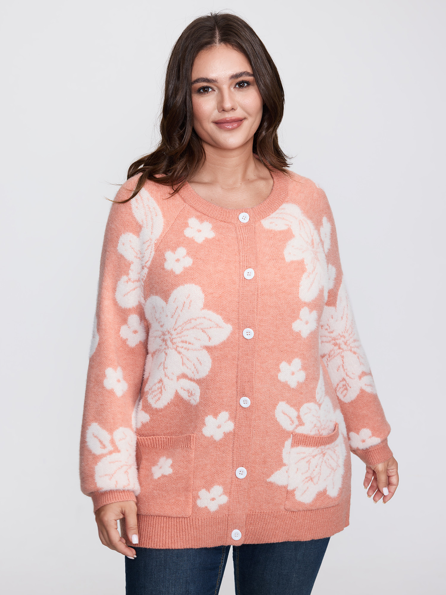 BloomChic Women's Plus Size Supersoft Floral Pattern Round Neck Stretchy Knit Cardigan Crepe Long Sleeve 26/4X