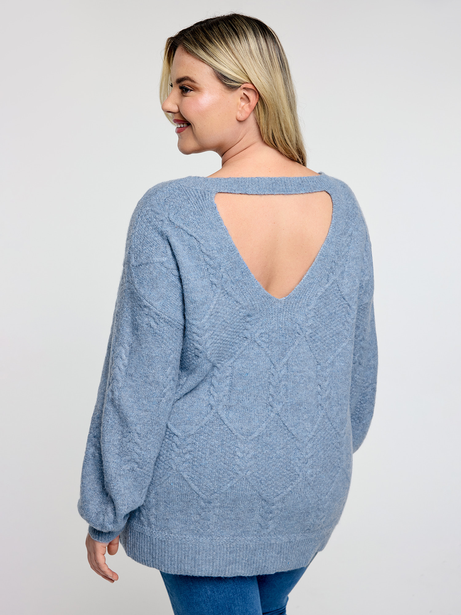 BloomChic Women's Plus Size Supersoft Textured Backless Ribbed Hem Pullover Stone Long Sleeve 10/M