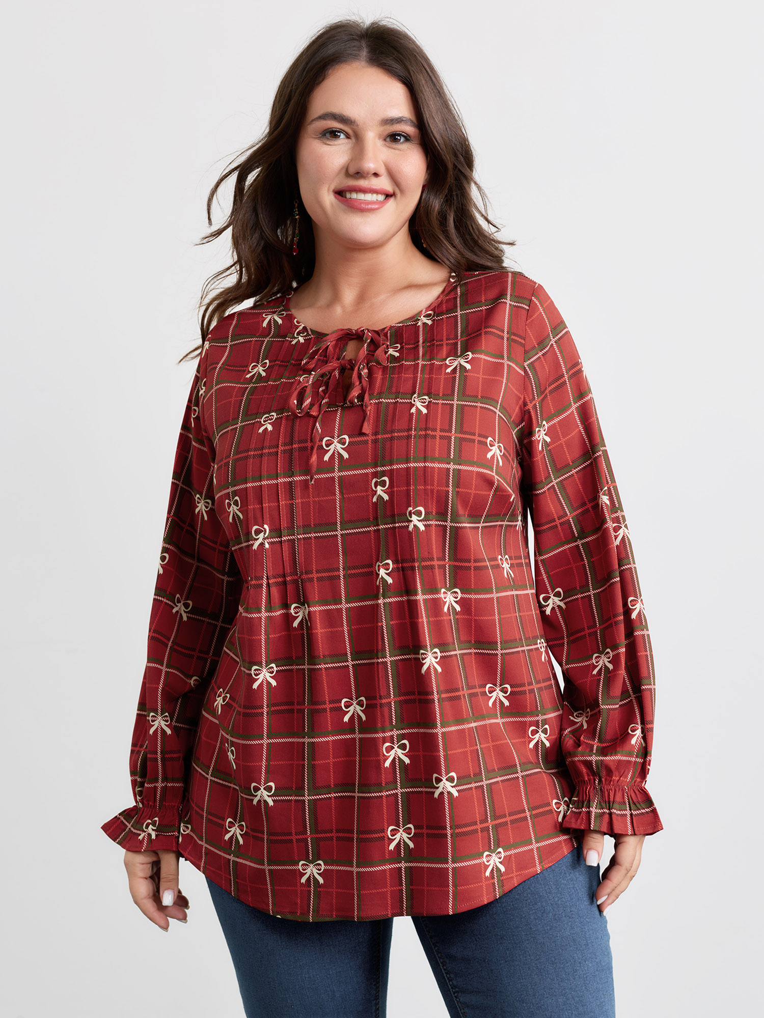 BloomChic Women's Plus Size Holidays Unwrapped Neck-Tie Blouse Scarlet Plaid Everyday-Casual Long Sleeve 10/M