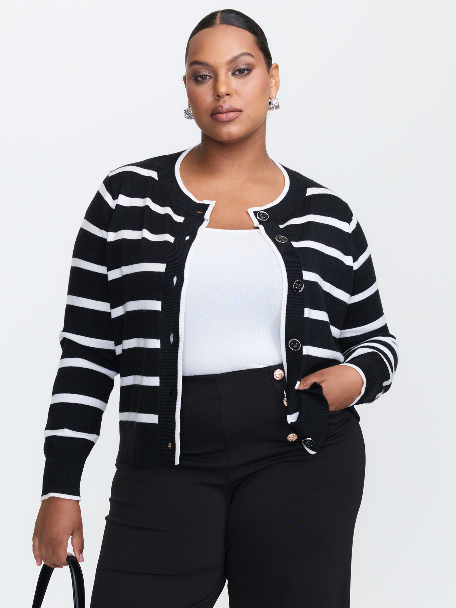 BloomChic Women's Plus Size Stripe Wool Blend Slit Knit Cardigan Black Long Sleeve 10/M