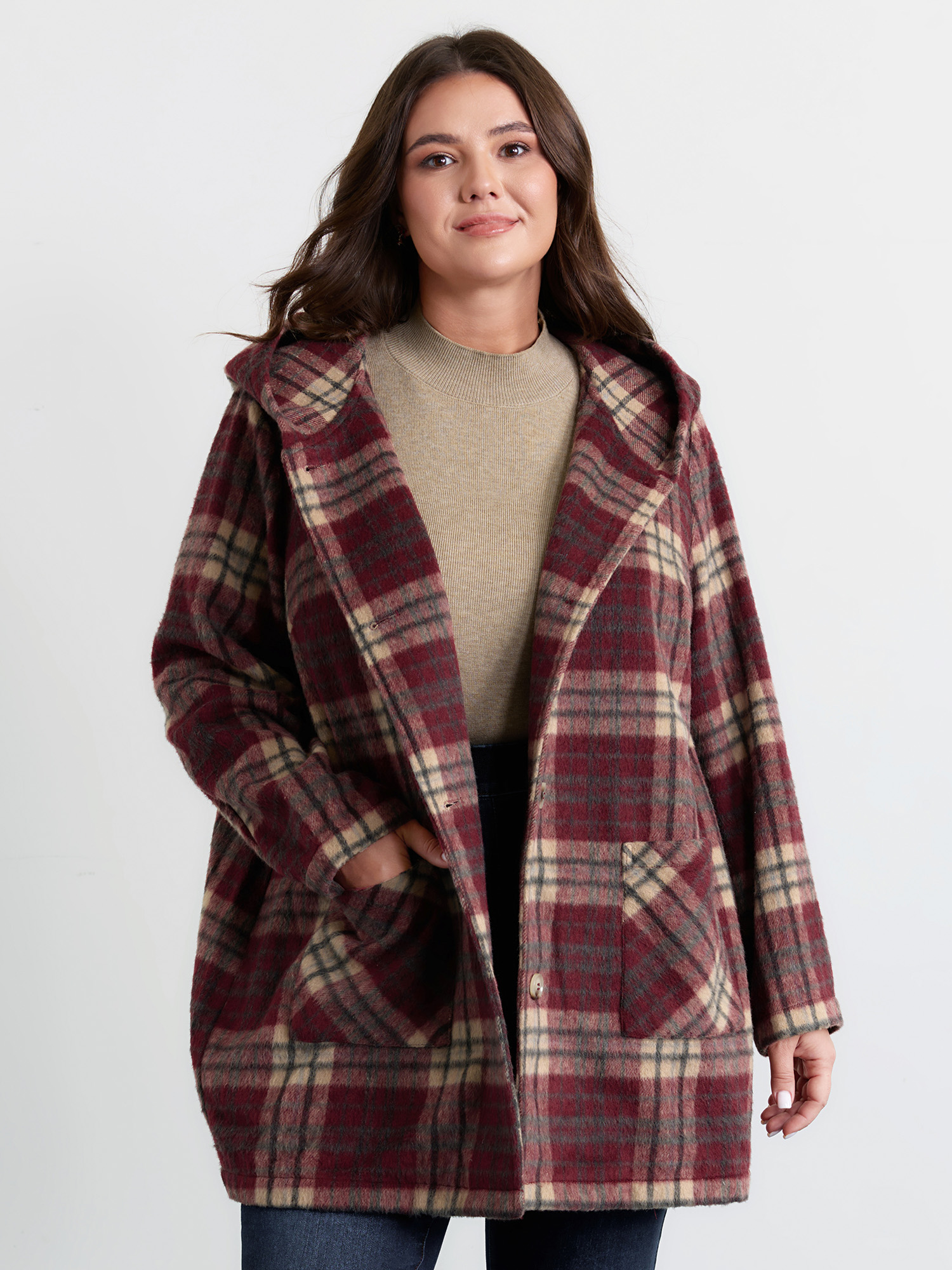 BloomChic Plus Size Plaid Fleece Hooded Button Coat - Curve Women's Winterwear- Burgundy Comfort Sleeve Fit Tunic Cocoon Coats 14/M