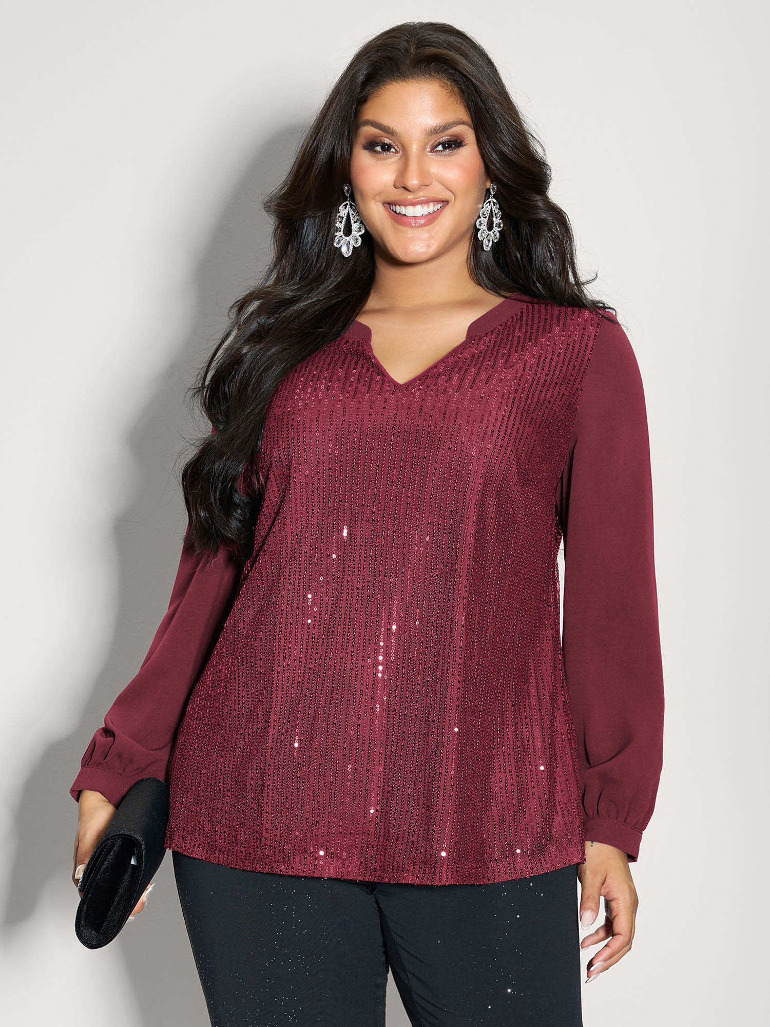 BloomChic Women's Plus Size Shimmery Sequin Notched Collar Blouse Burgundy Else Occasion Long Sleeve V-Notch Neck 10/M